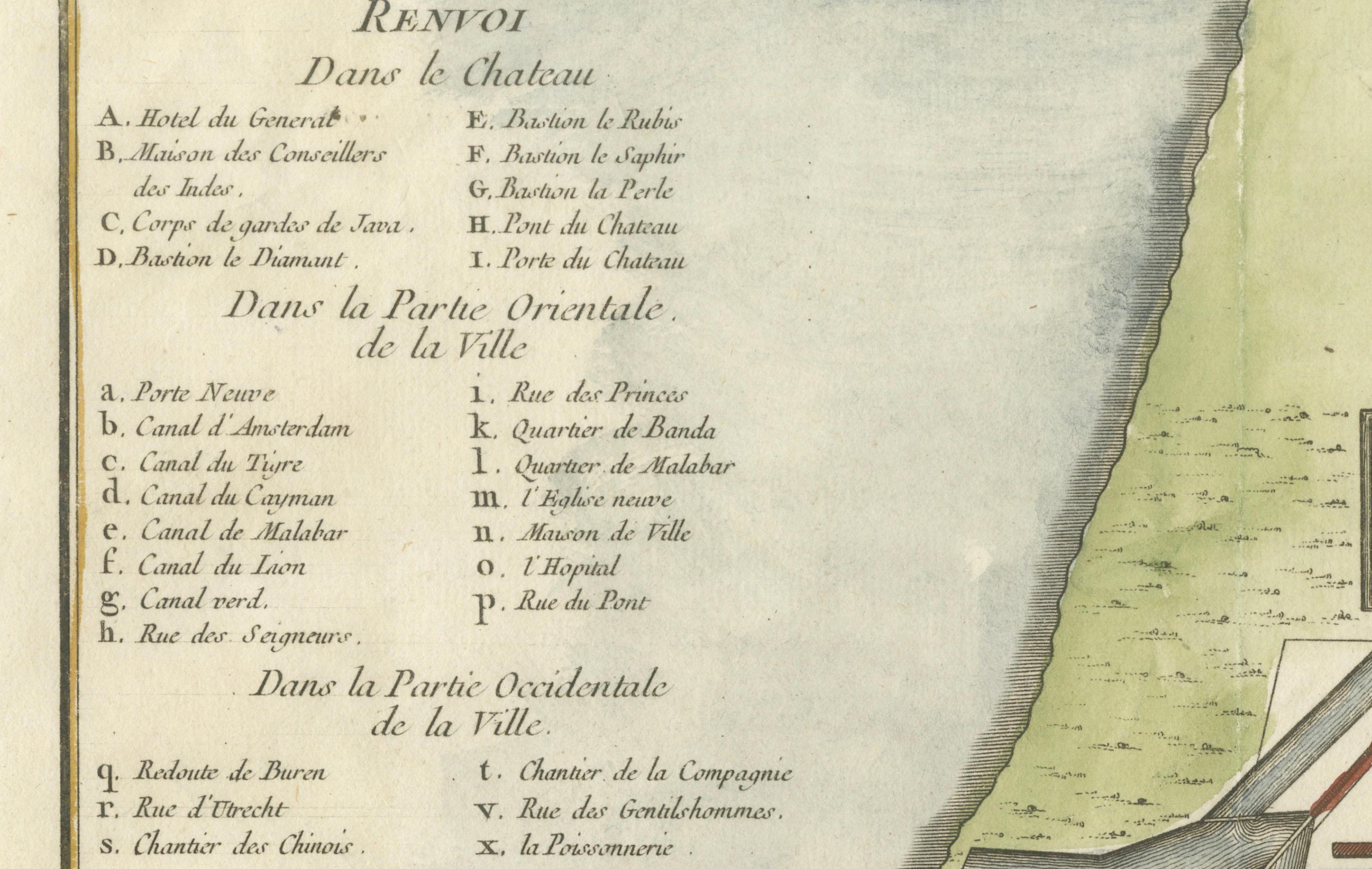 Hand-Colored 1750 Plan of Batavia, Colonial Jakarta, Indonesia by Jacques Bellin For Sale 2