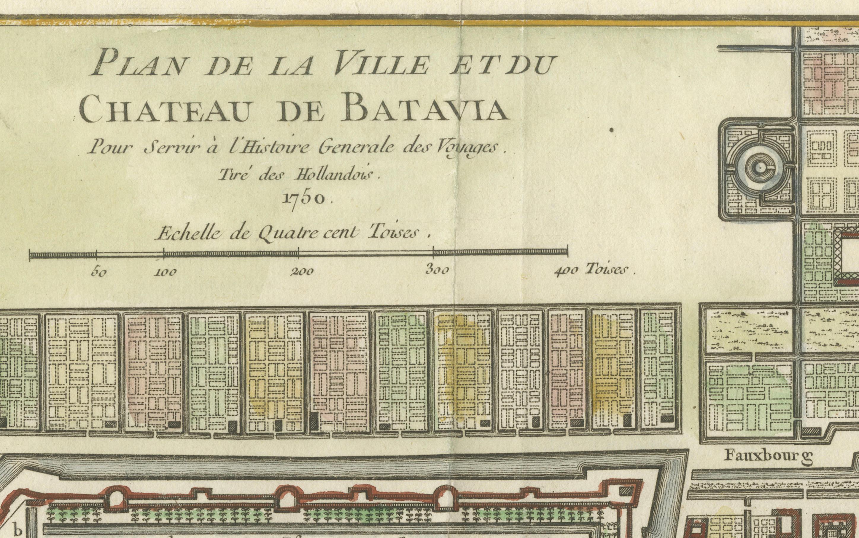 Hand-Colored 1750 Plan of Batavia, Colonial Jakarta, Indonesia by Jacques Bellin For Sale 3