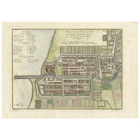 Hand-Colored 1750 Plan of Batavia, Colonial Jakarta, Indonesia by Jacques Bellin