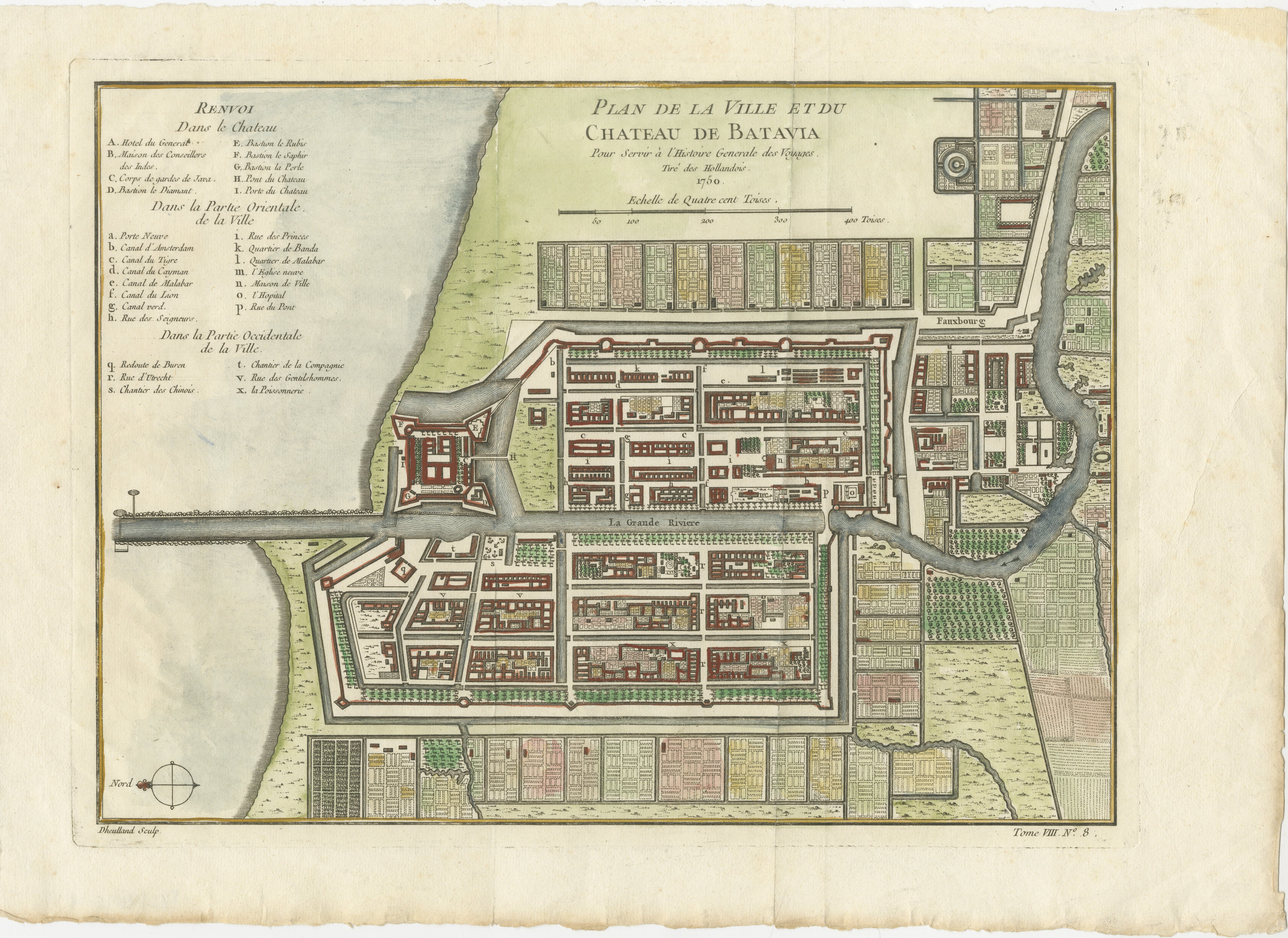 Hand-Colored 1750 Plan of Batavia, Colonial Jakarta, Indonesia by Jacques Bellin For Sale