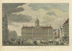 Hand-Colored 1765 Engraving of Amsterdam Royal Palace and Dam Square, 1765