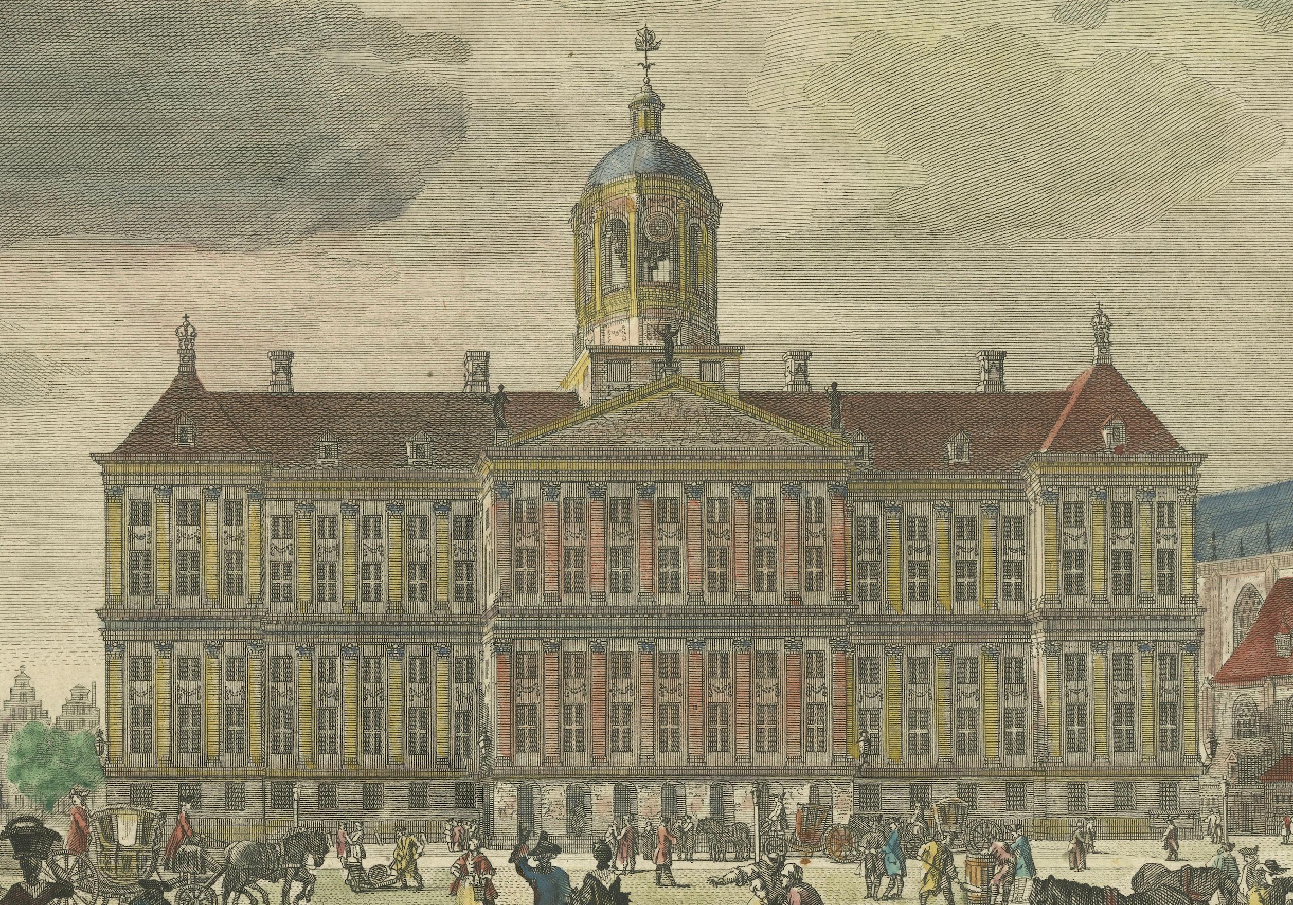 Engraved Hand-Colored 1765 Engraving of Amsterdam Royal Palace and Dam Square, 1765 For Sale