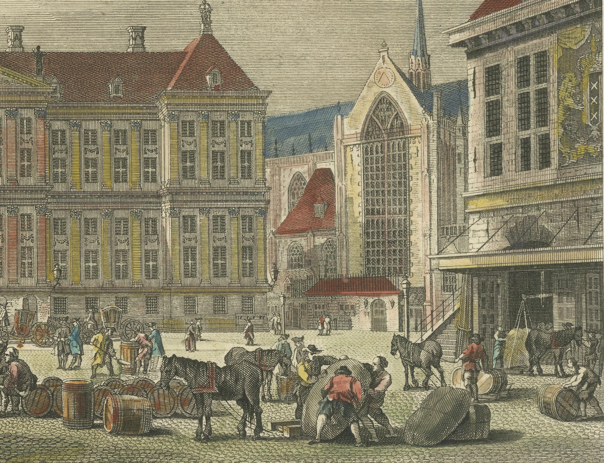 Hand-Colored 1765 Engraving of Amsterdam Royal Palace and Dam Square, 1765 In Good Condition For Sale In Langweer, NL