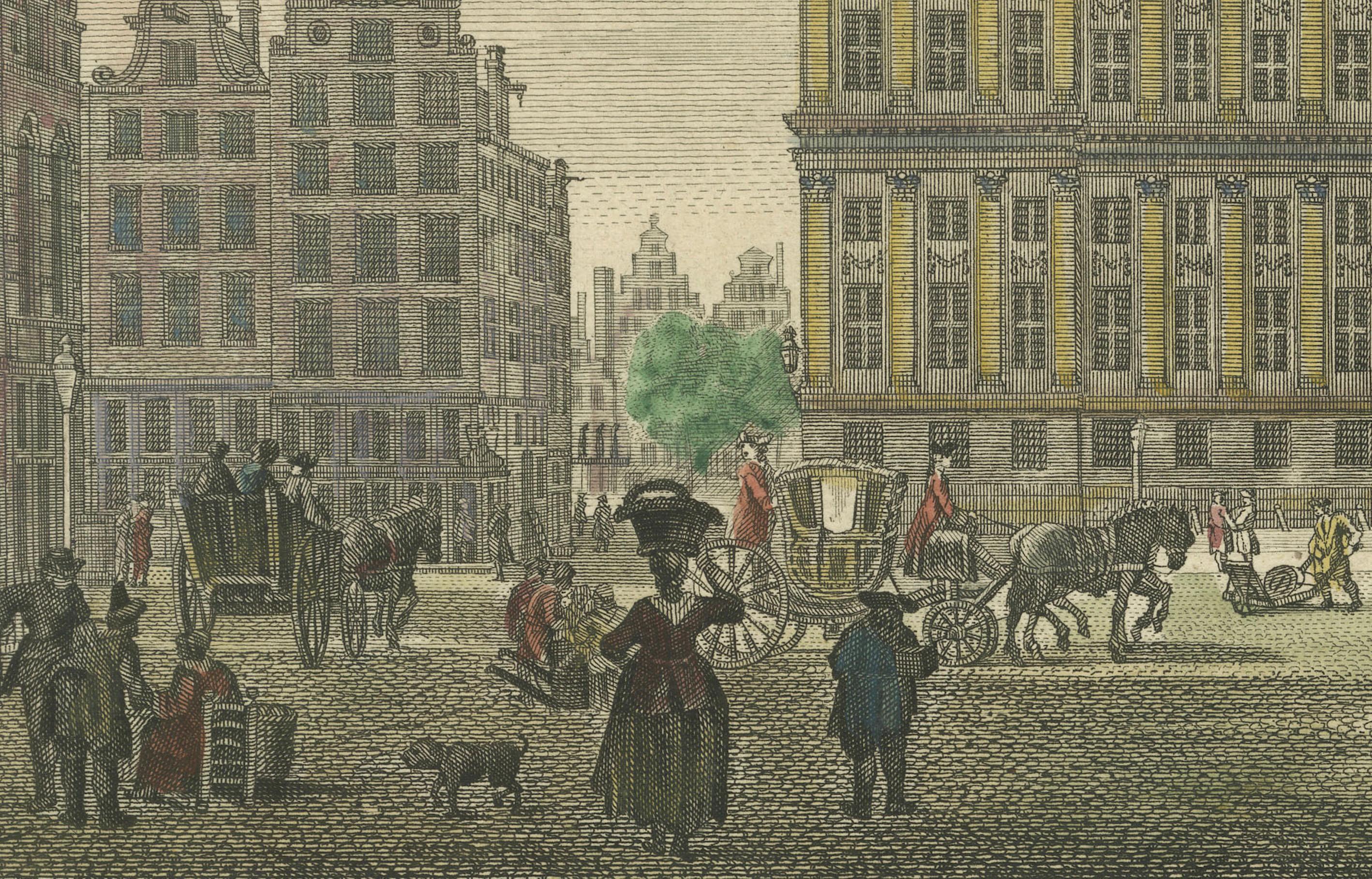 Mid-18th Century Hand-Colored 1765 Engraving of Amsterdam Royal Palace and Dam Square, 1765 For Sale