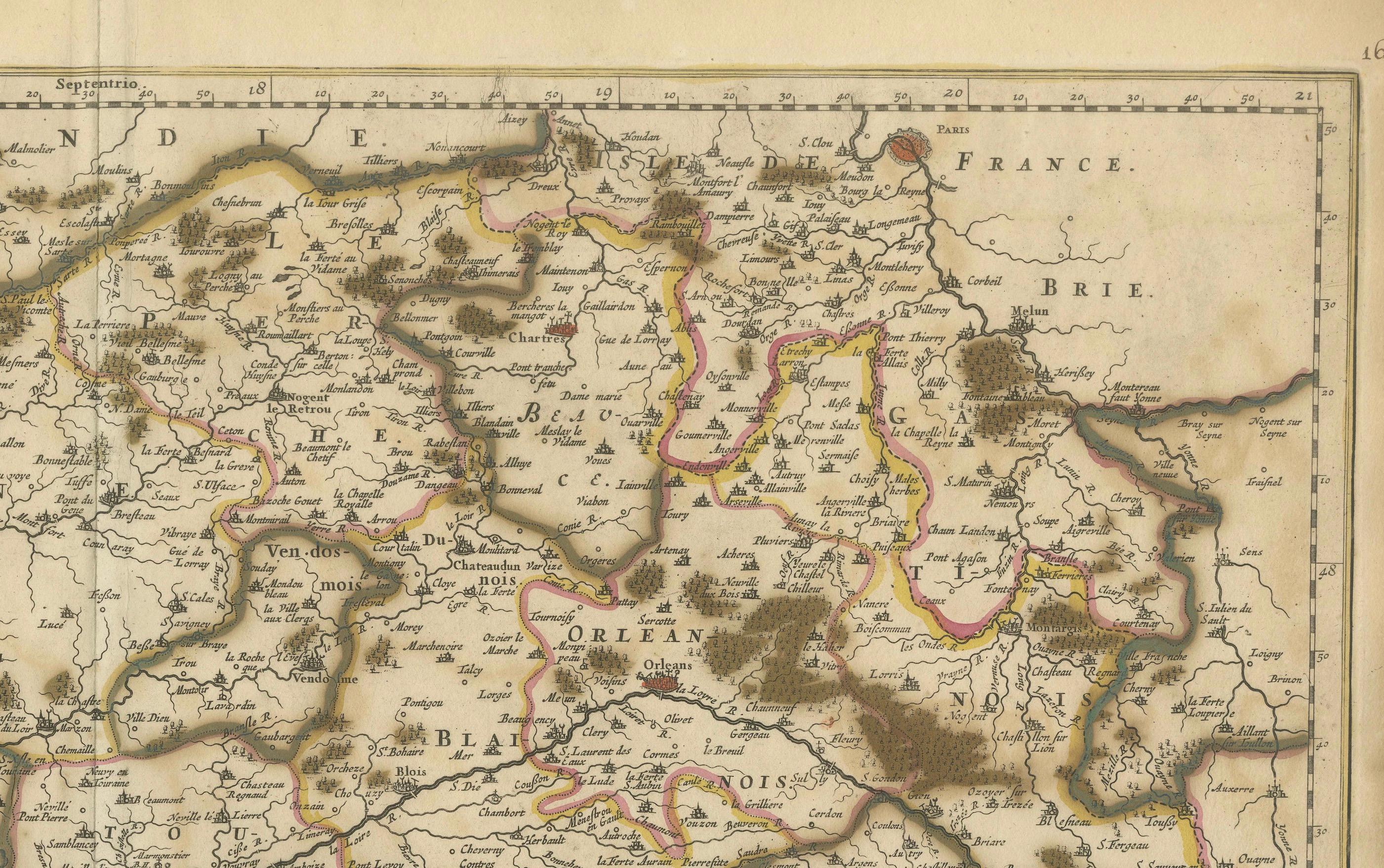 Titre : Carte de l'Orléanais du XVIIe siècle coloriée à la main par Frederik De Wit c. 1688

Description : Cette magnifique carte, intitulée 