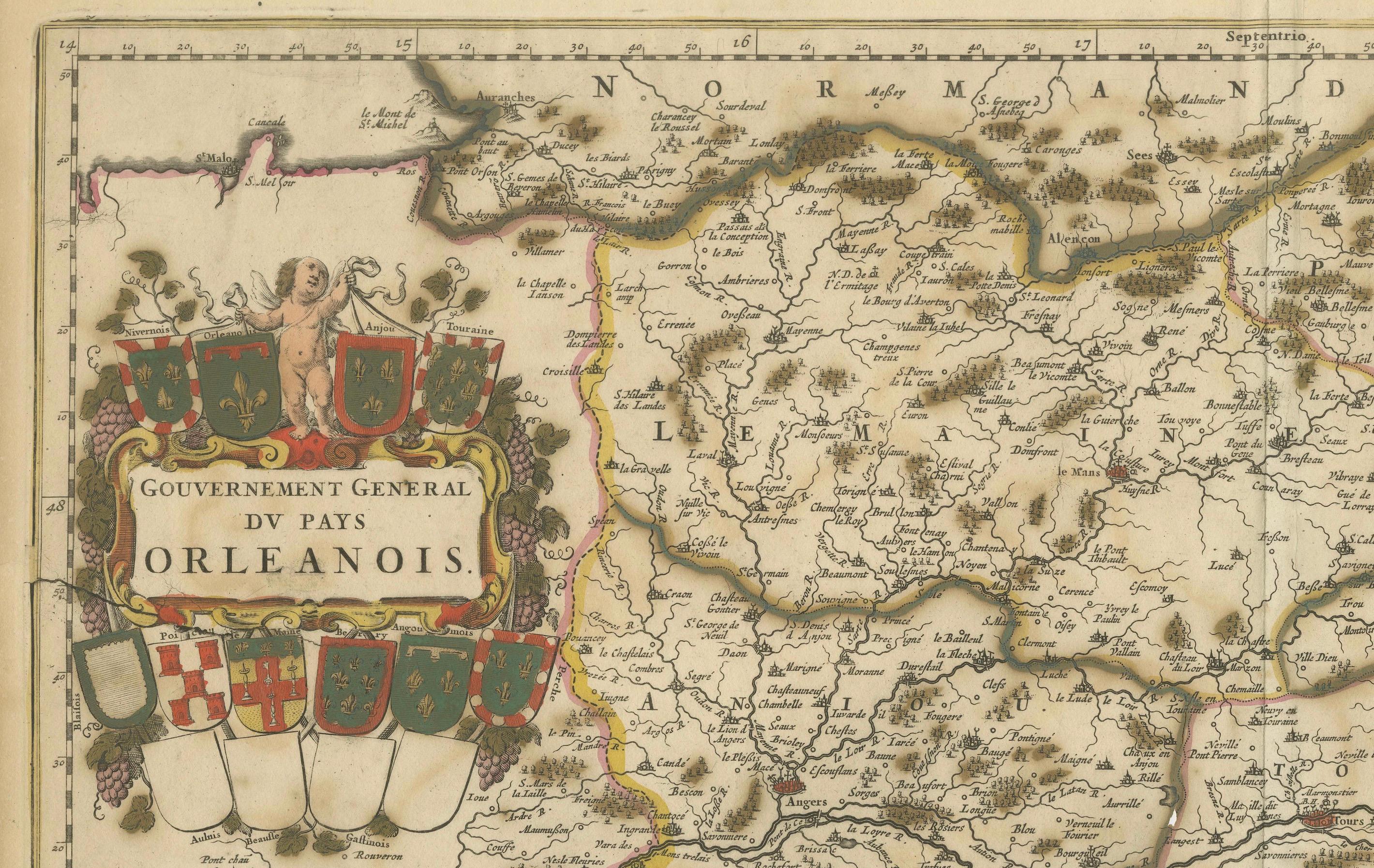 Fin du XVIIe siècle Carte de l'Orléanais en France colorée à la main au 17e siècle par Frederik De Wit c. 1688 en vente