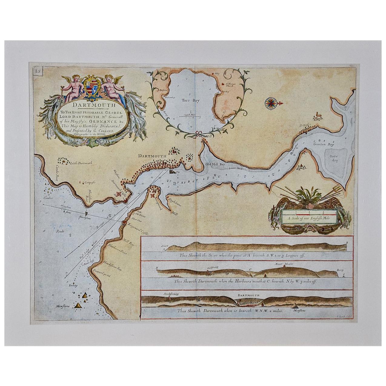 Dartmouth, England: A Hand-Colored 17th Century Sea Chart by Captain Collins For Sale