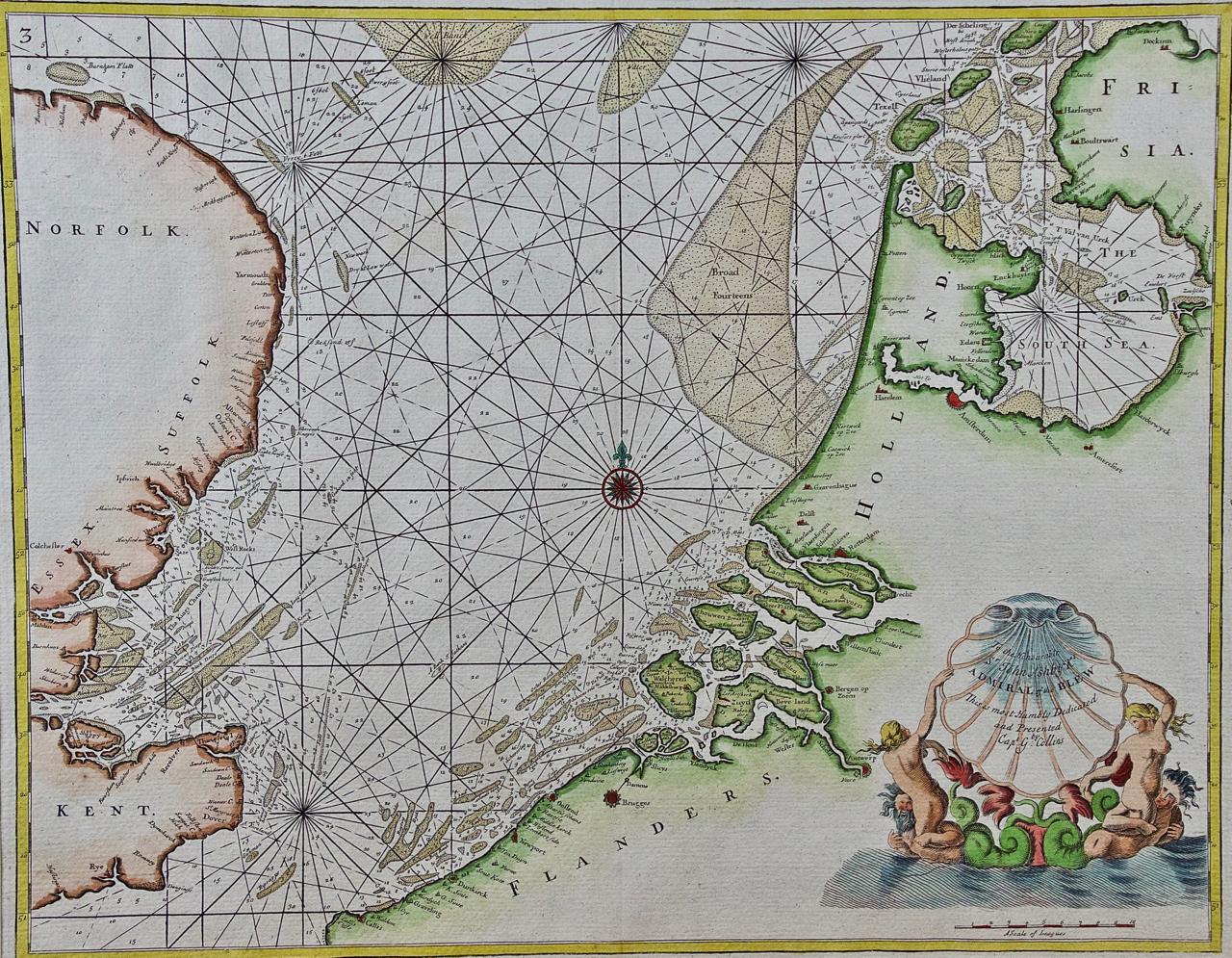 This hand-colored chart of the seas about Flanders, Holland, Frisia, and Norfolk is from 