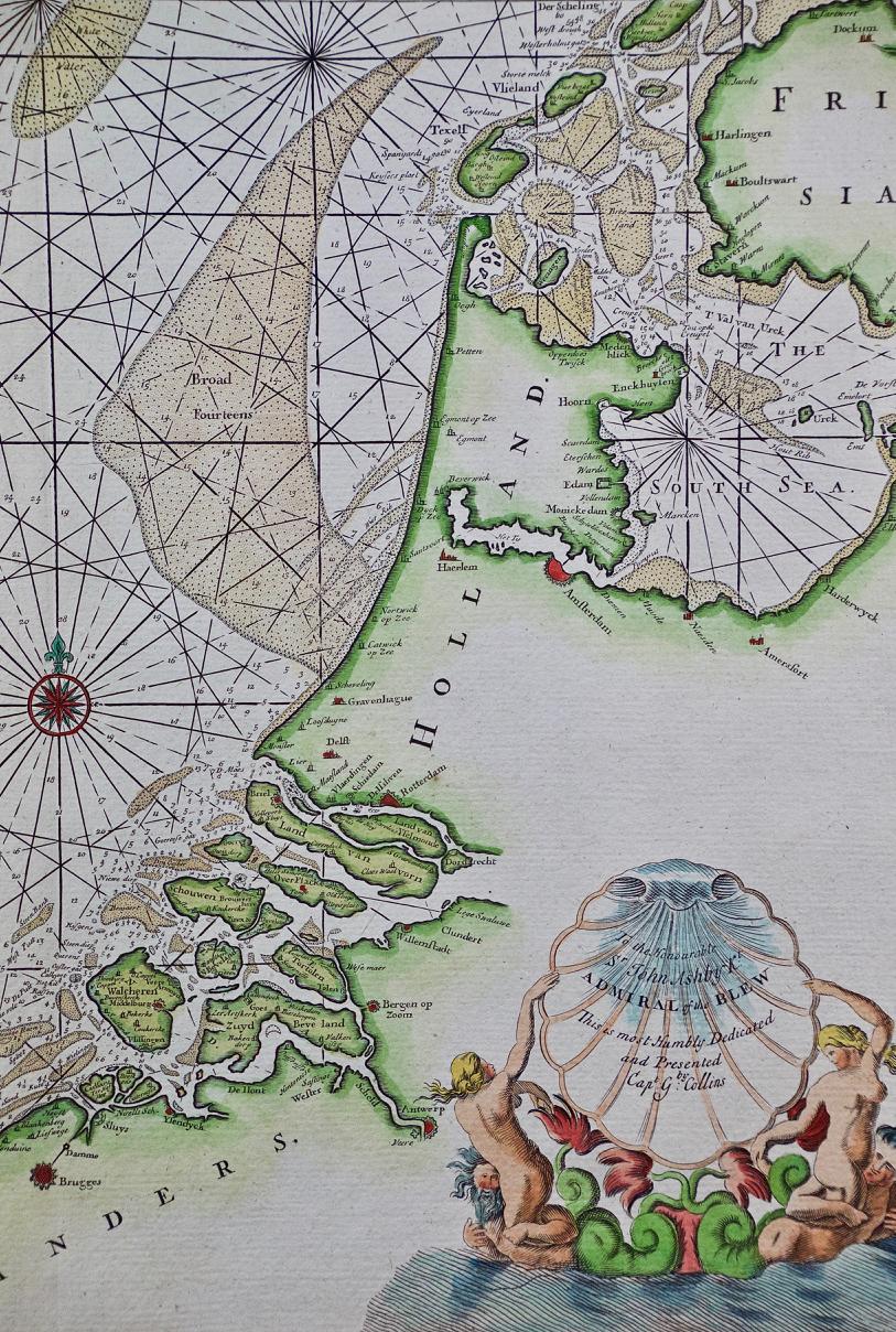 Gravé Flanders, Holland & Norfolk : Carte de la mer du 17e siècle colorée à la main par Collins en vente