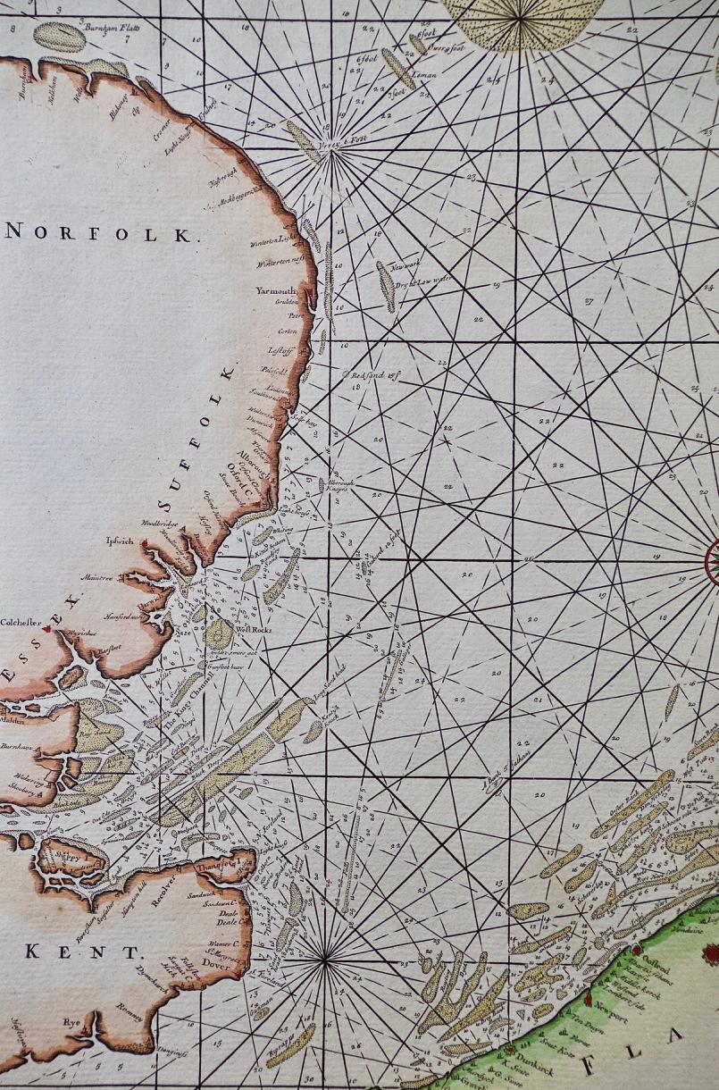 Flandern, Holland & Norfolk: handkolorierte Seekarte aus dem 17. Jahrhundert von Collins im Zustand „Gut“ im Angebot in Alamo, CA