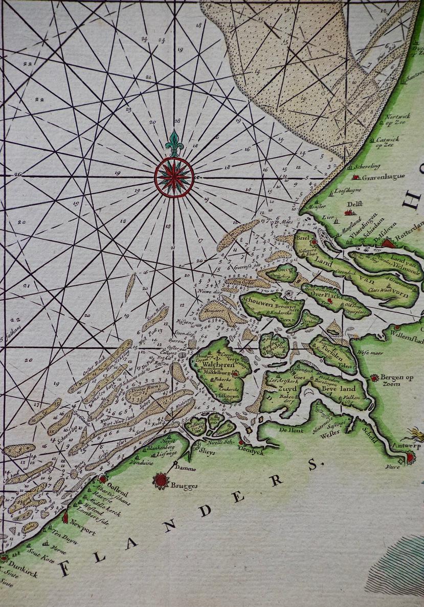 English Flanders, Holland & Norfolk: Hand-Colored 17th Century Sea Chart by Collins For Sale