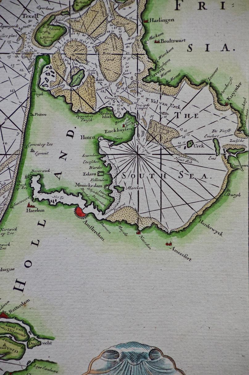Engraved Flanders, Holland & Norfolk: Hand-Colored 17th Century Sea Chart by Collins For Sale