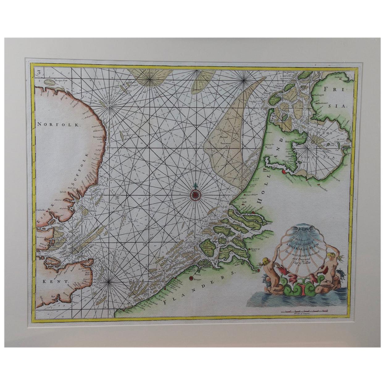 Flanders, Holland & Norfolk: Hand-Colored 17th Century Sea Chart by Collins