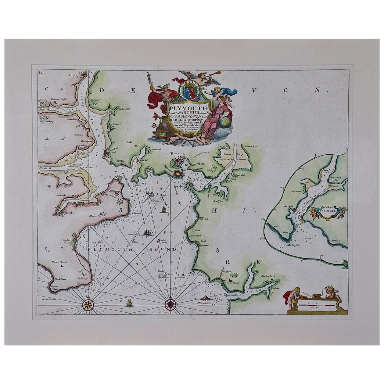 Plymouth, England: A Hand-Colored 17th Century Sea Chart by Captain Collins For Sale