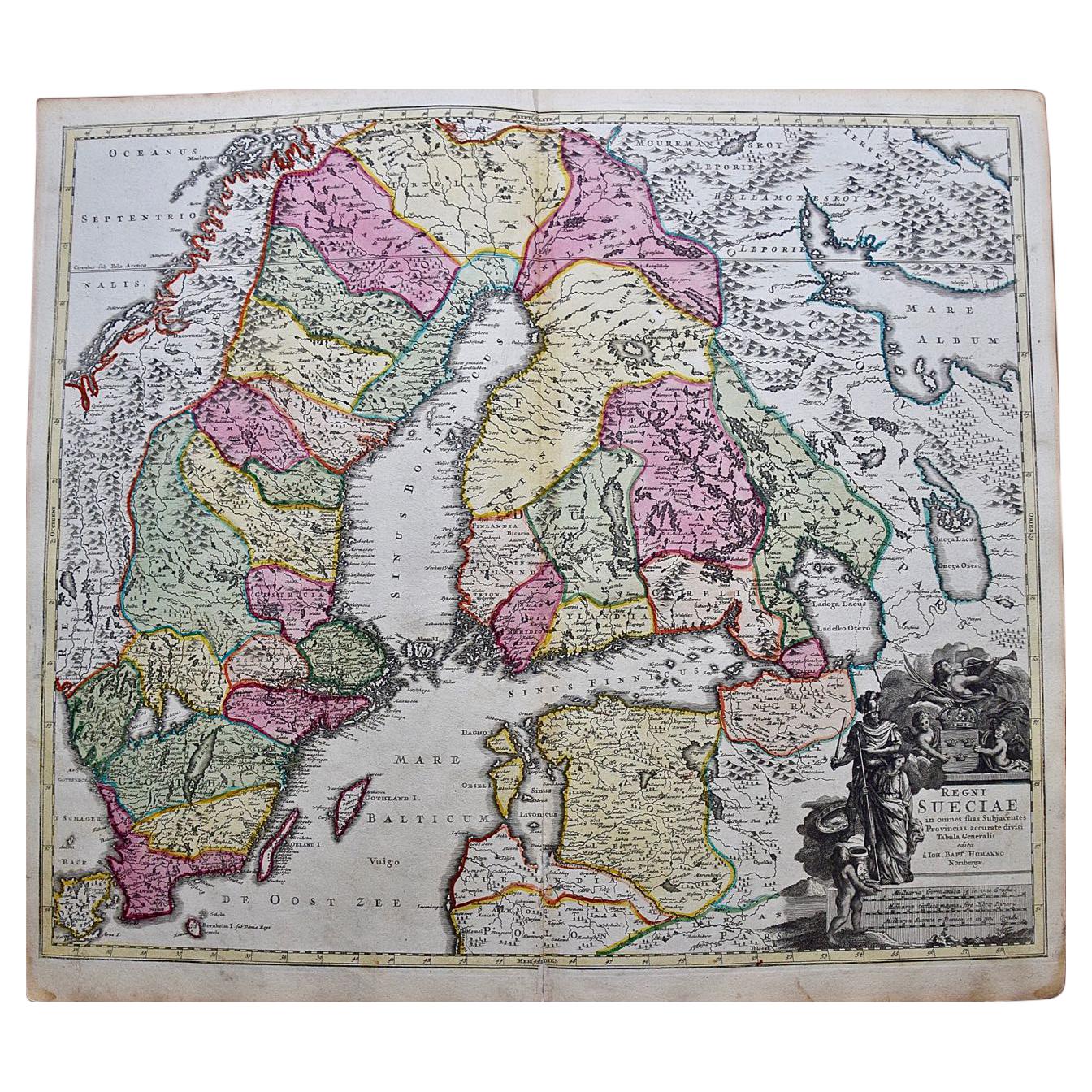 Sweden & Adjacent Portions of Scandinavia: A Hand-Colored 18th C. Map by Homann