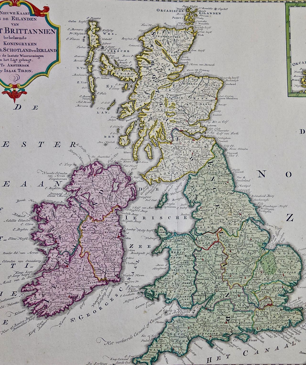 Gravé Angleterre, Écosse et Irlande : une carte colorée à la main de la Grande-Bretagne par Tirion en vente