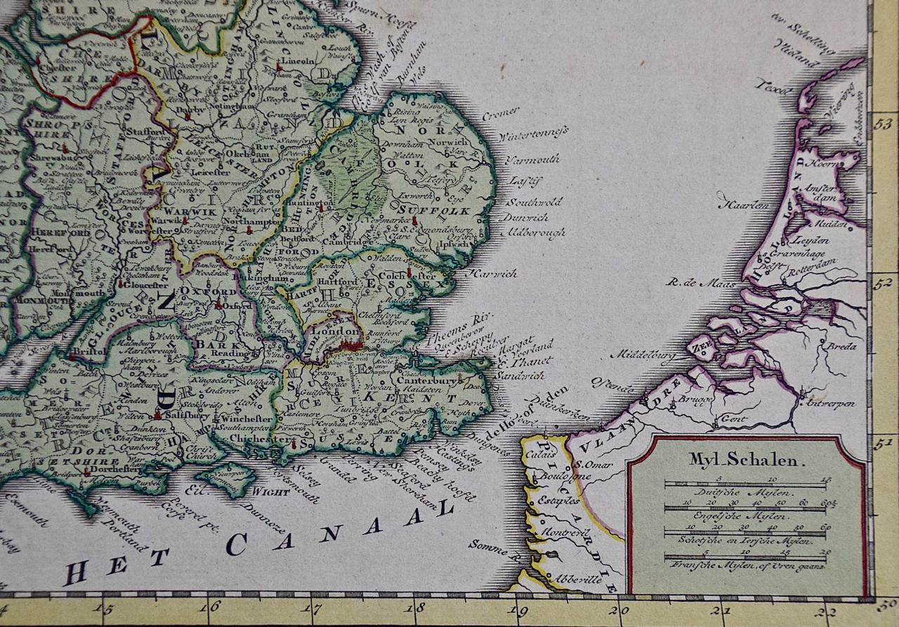 XVIIIe siècle Angleterre, Écosse et Irlande : une carte colorée à la main de la Grande-Bretagne par Tirion en vente