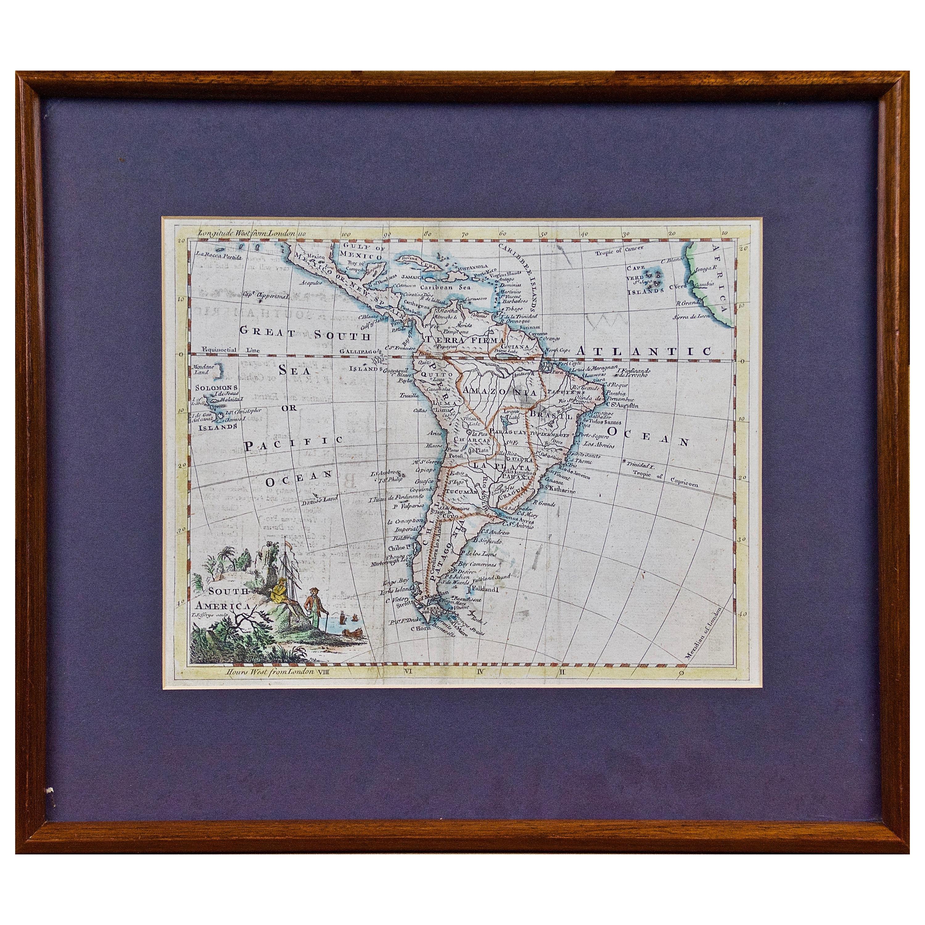 Amérique du Sud : Carte encadrée colorée à la main du 18e siècle par Thomas Jefferys