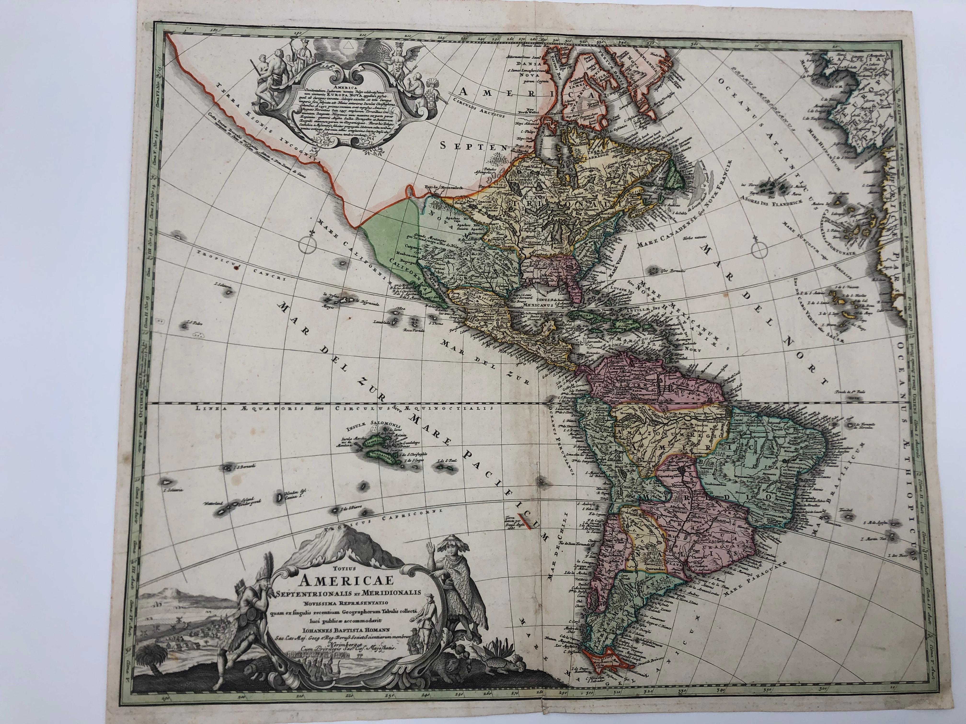 Hand Colored 18th Century Homann Map of America, 1720 3