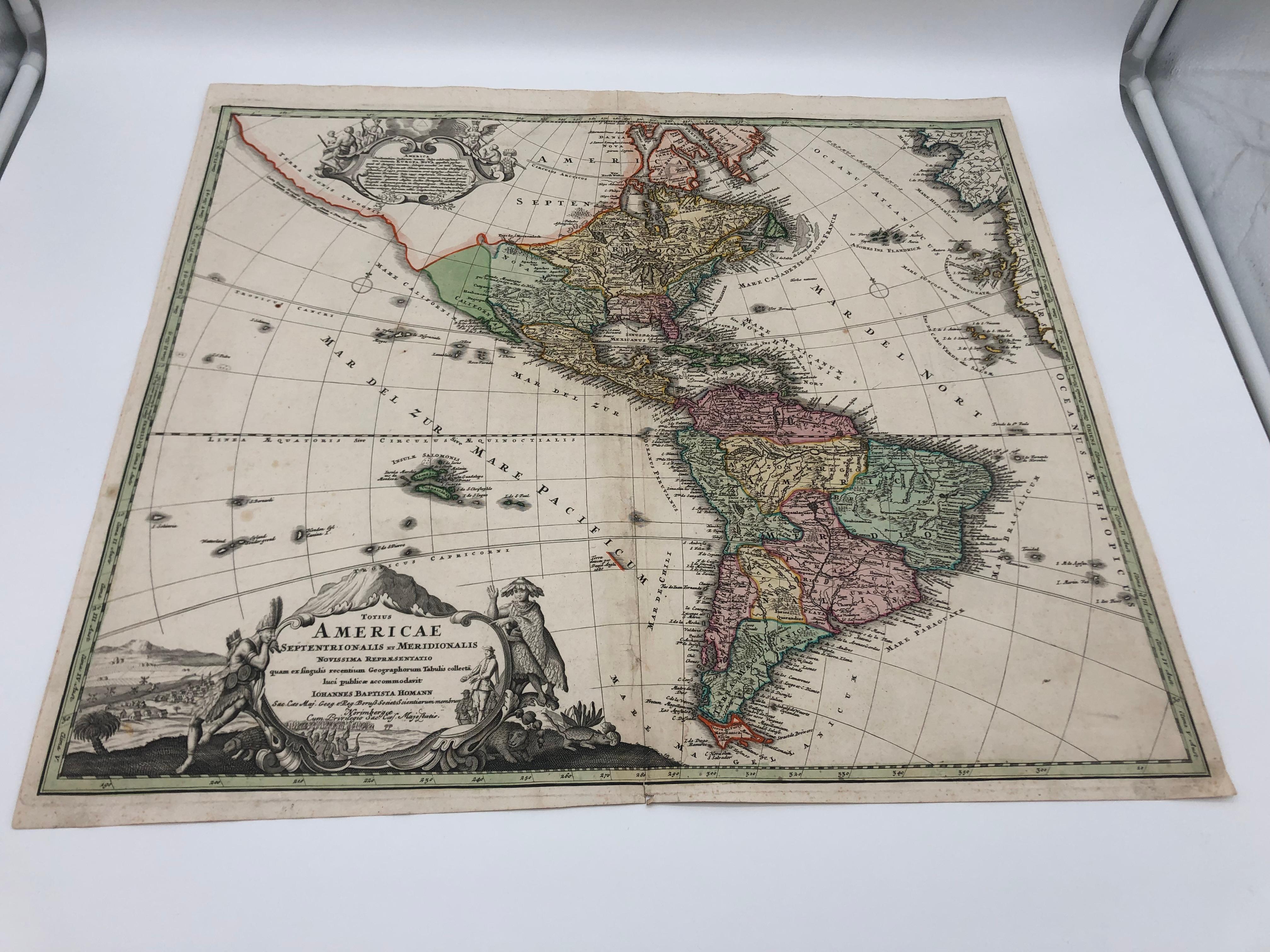 Hand Colored 18th Century Homann Map of America, 1720 5