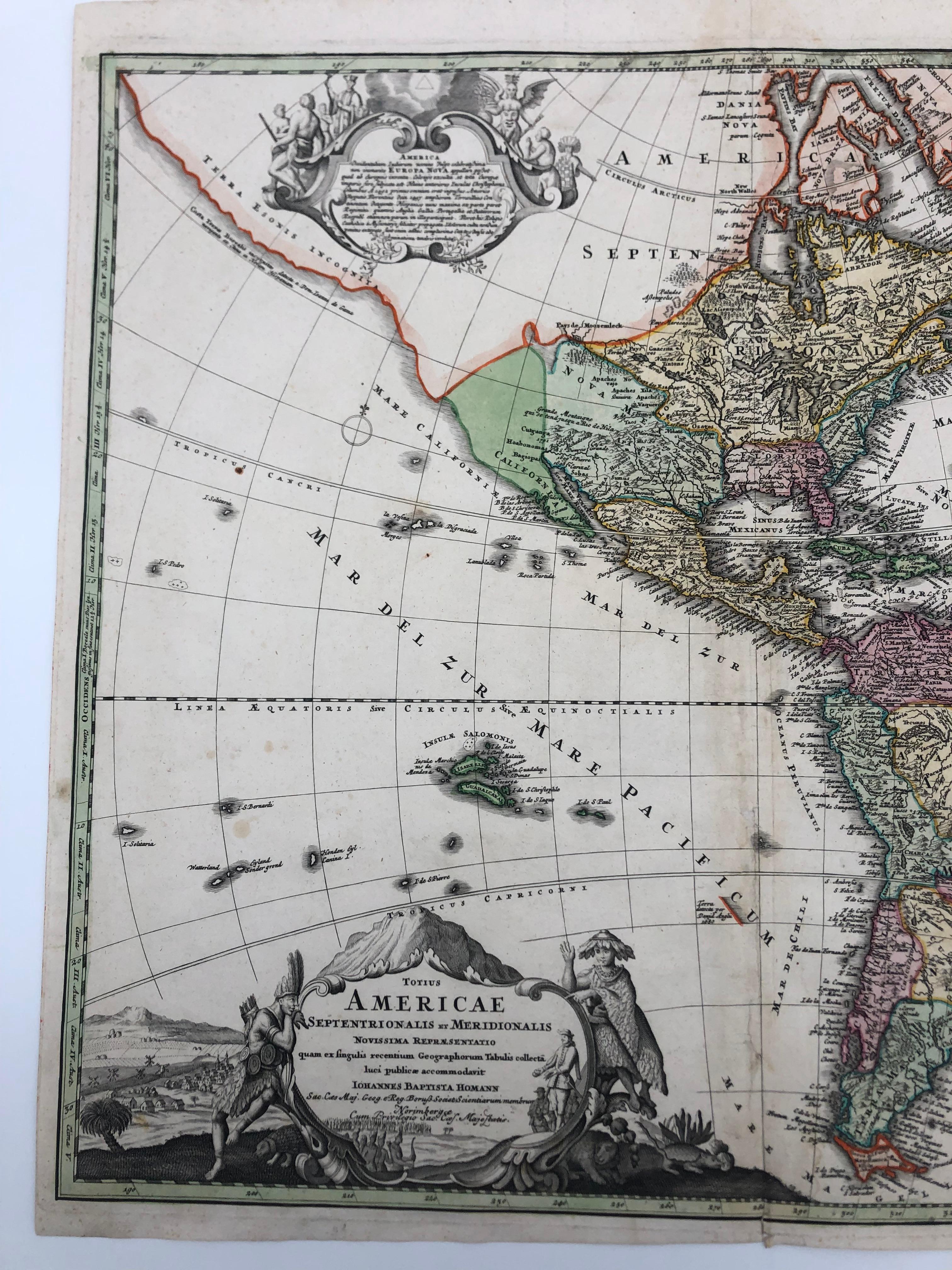 Pressed Hand Colored 18th Century Homann Map of America, 1720