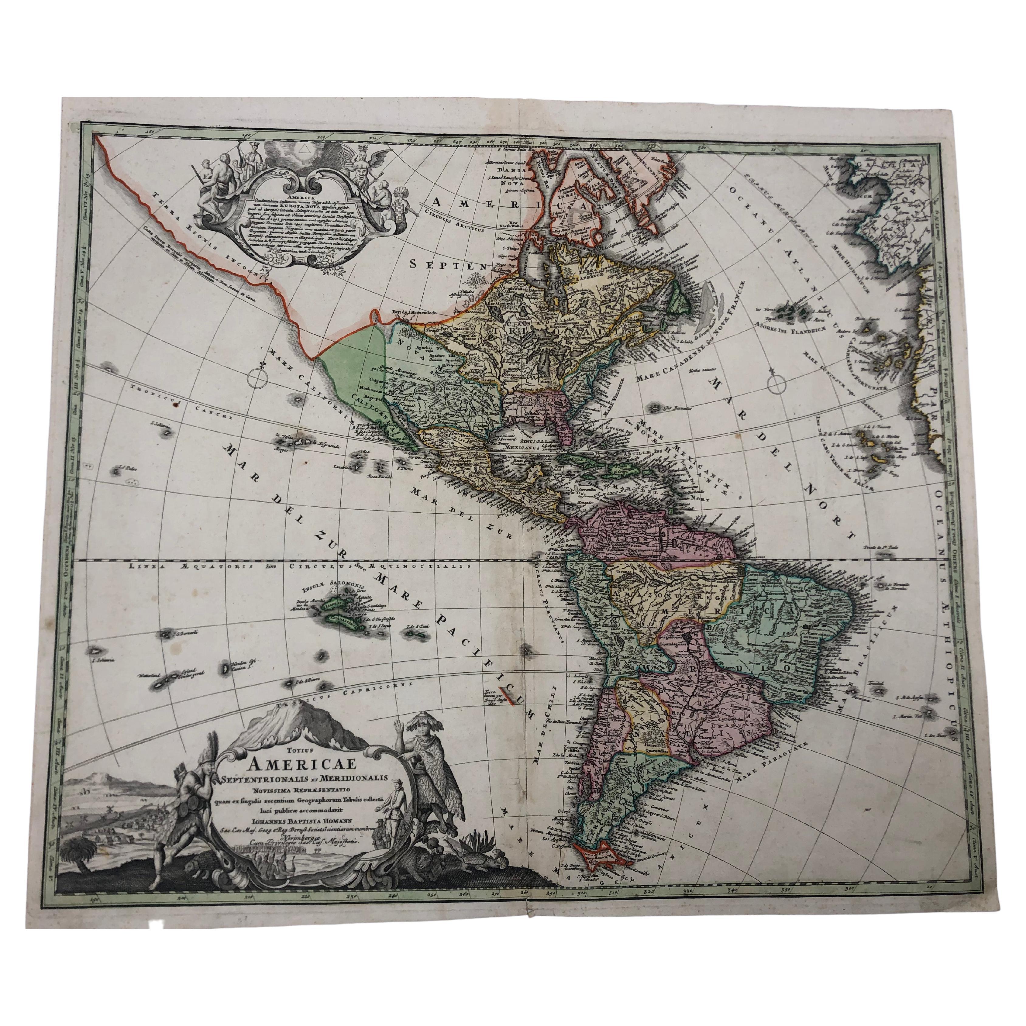 Hand Colored 18th Century Homann Map of America, 1720