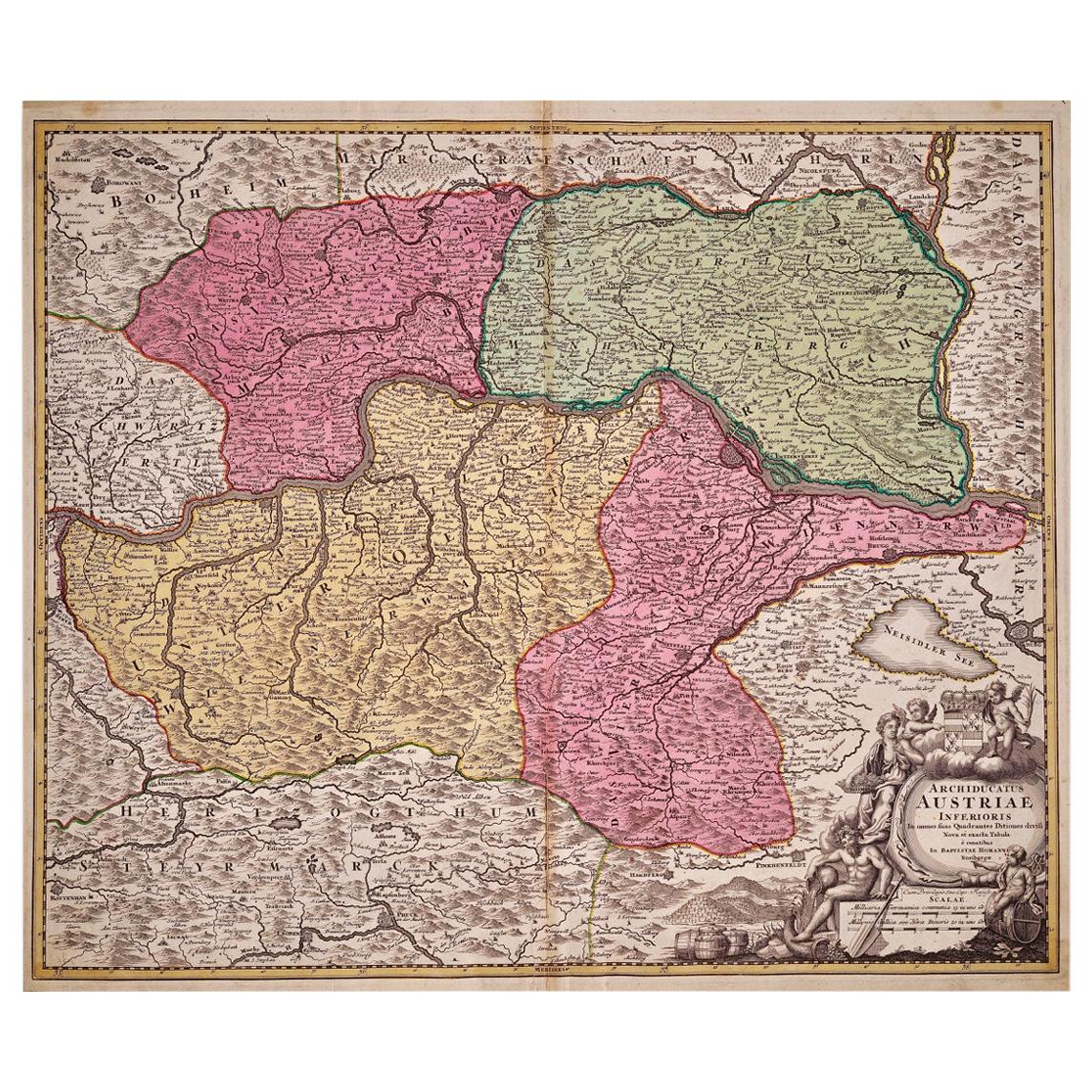 Hand Colored 18th Century Homann Map of Austria Including Vienna and the Danube