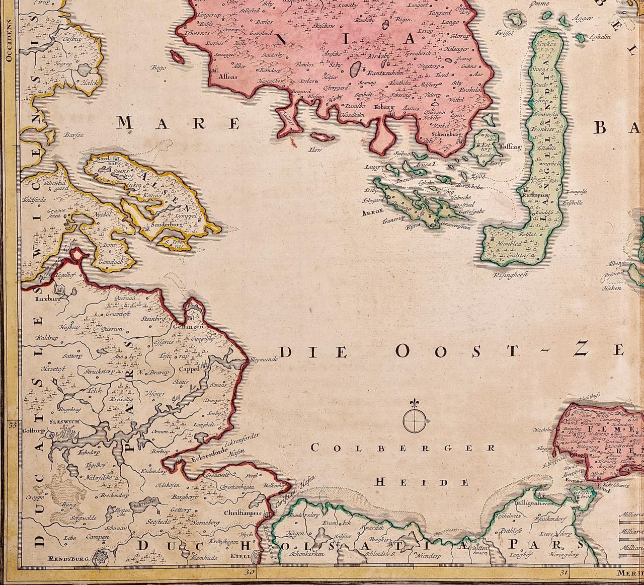 Gravé Carte Homann du Danemark et des îles de la mer baltique colorée à la main du 18e siècle en vente