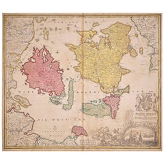 Mapa Homann coloreado a mano del siglo XVIII de Dinamarca y las islas del mar Báltico