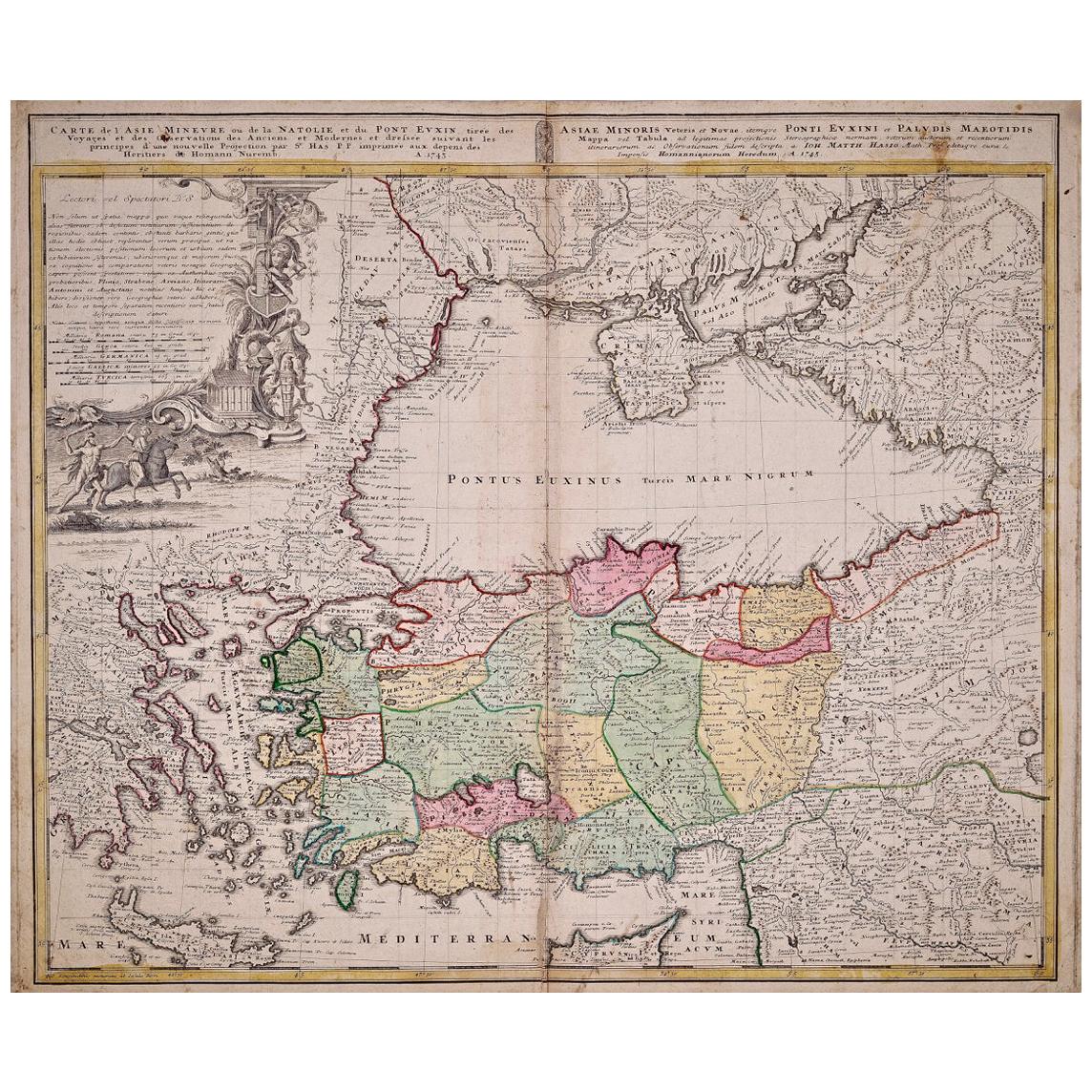 Hand-Colored 18th Century Homann Map of the Black Sea, Turkey and Asia Minor