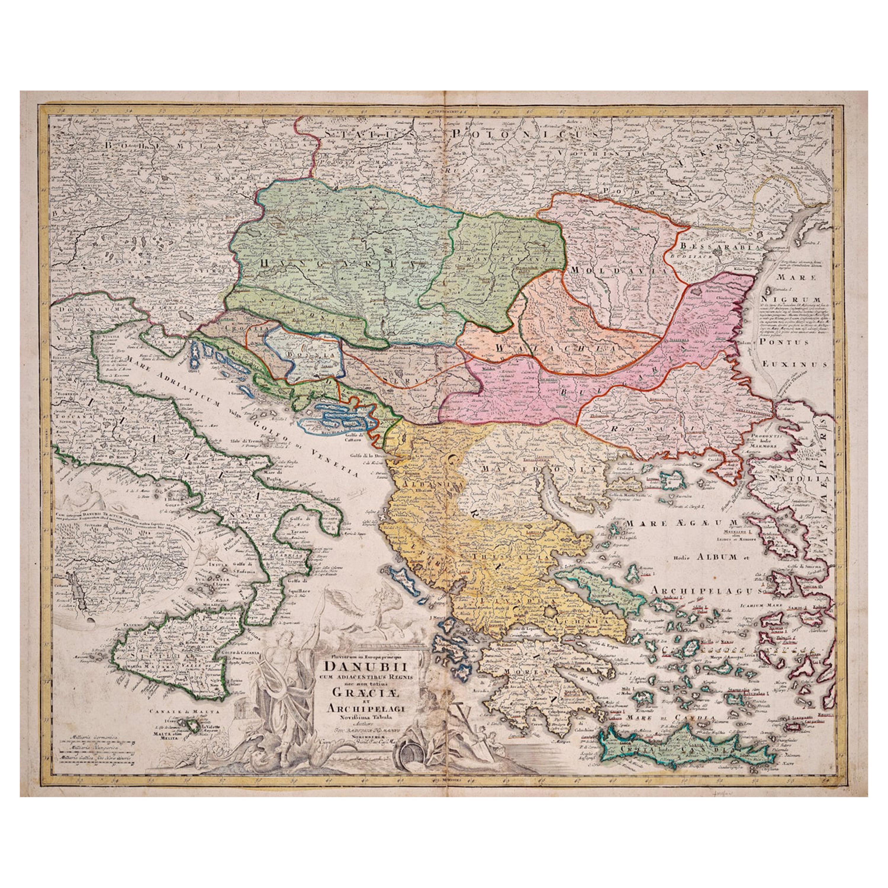 Hand-Colored 18th Century Homann Map of the Danube, Italy, Greece, Croatia
