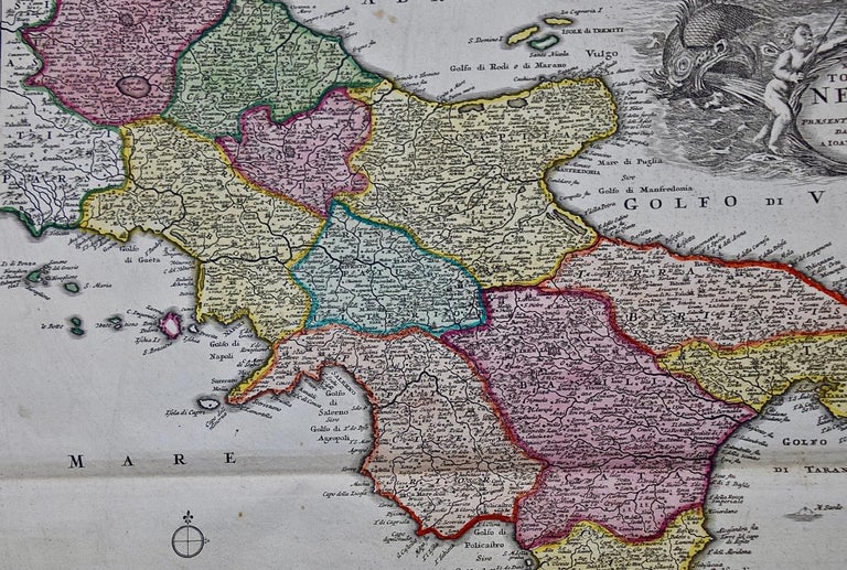 Engraved The Kingdom of Naples and Southern Italy: A Hand-Colored 18th Century Homann Map For Sale