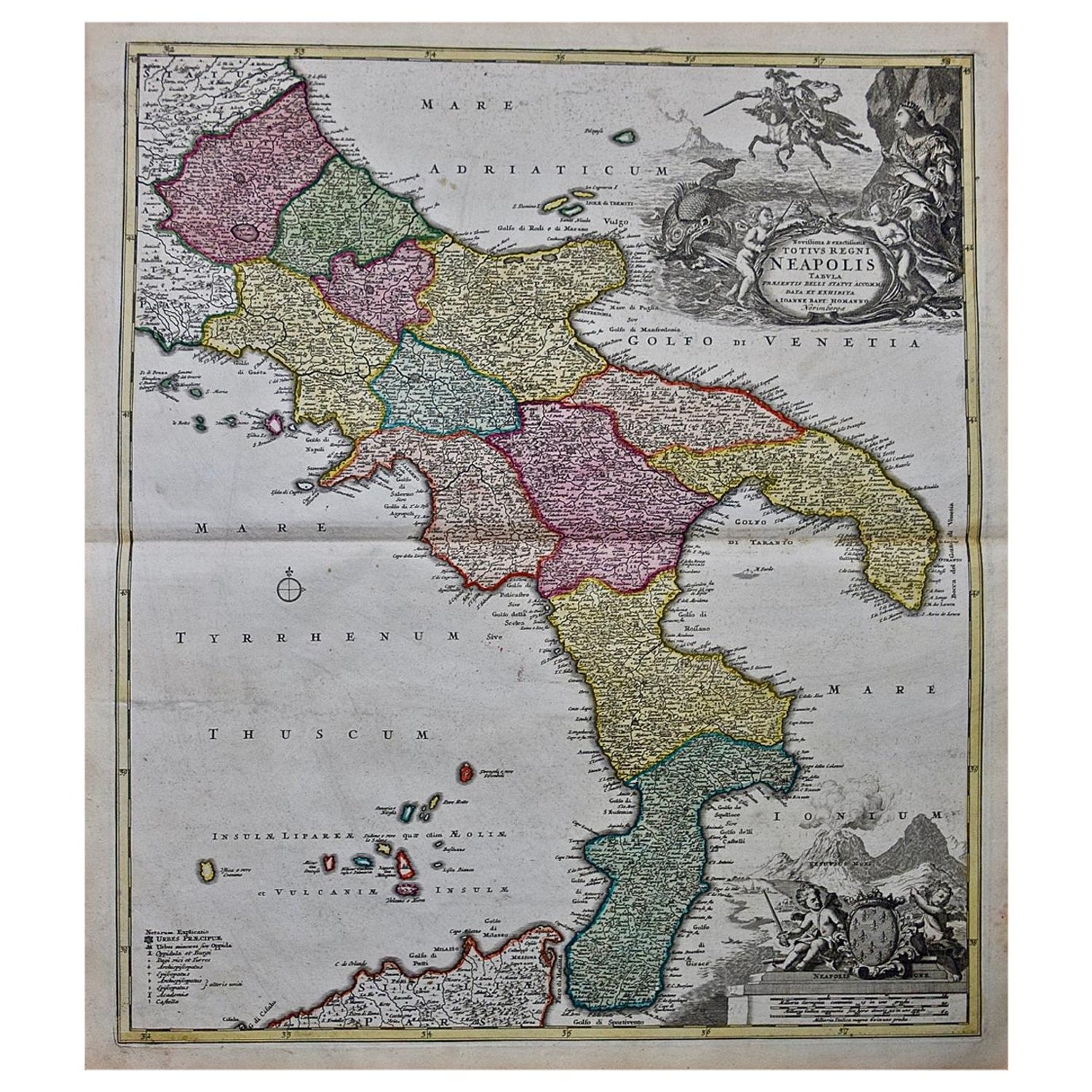 Hand Colored 18th Century Homann Map Of The Kingdom Of Naples And Southern Italy For Sale At 1stdibs