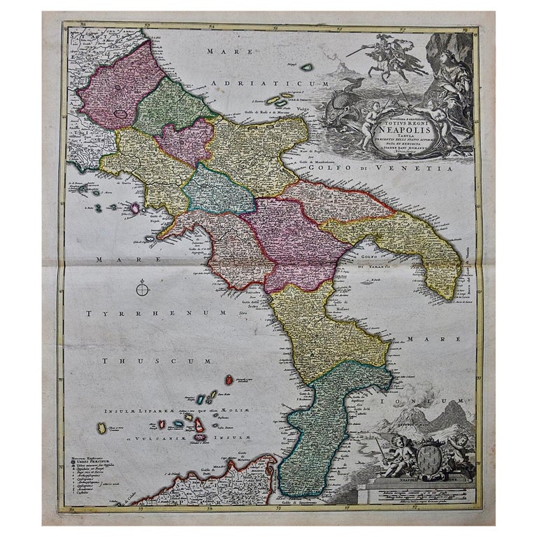 The Kingdom of Naples and Southern Italy: A Hand-Colored 18th Century Homann Map For Sale