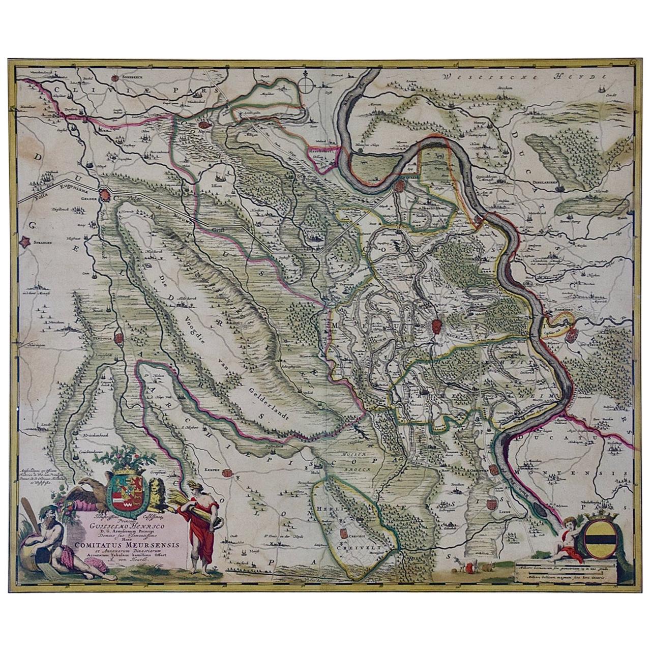 Allemagne Ouest du Rhin : une carte du XVIIIe siècle colorée à la main par de Wit en vente