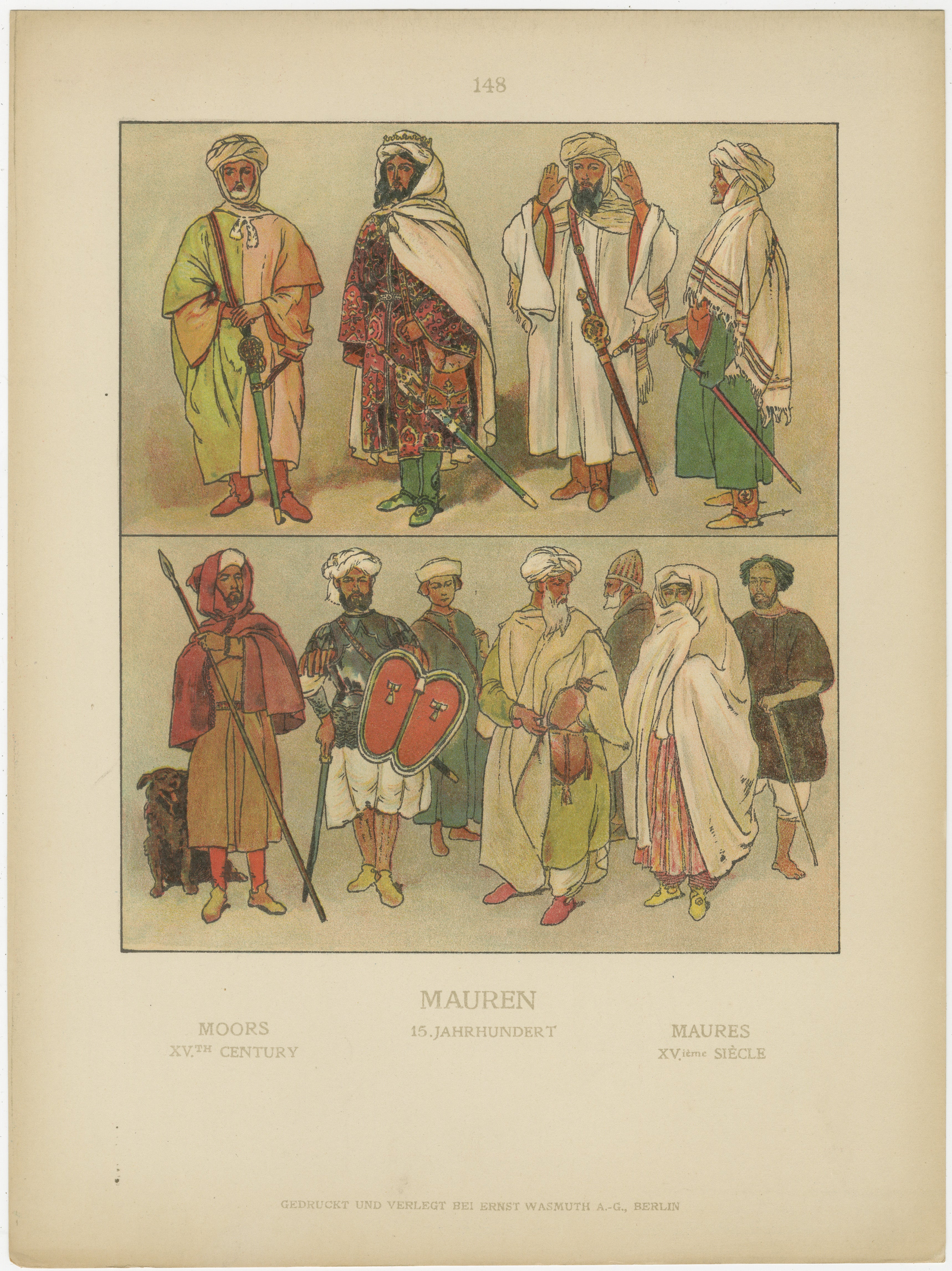 Hand-Colored 1900 Print of Moorish Costumes, 15th Century North Africa, ca.1880