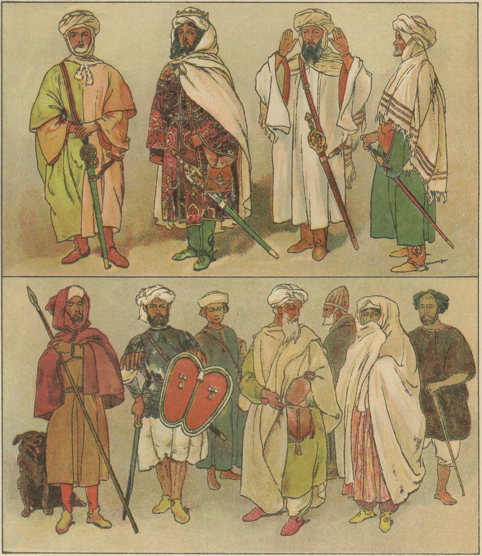 Hand-Colored 1900 Print of Moorish Costumes, 15th Century North Africa, ca.1880
