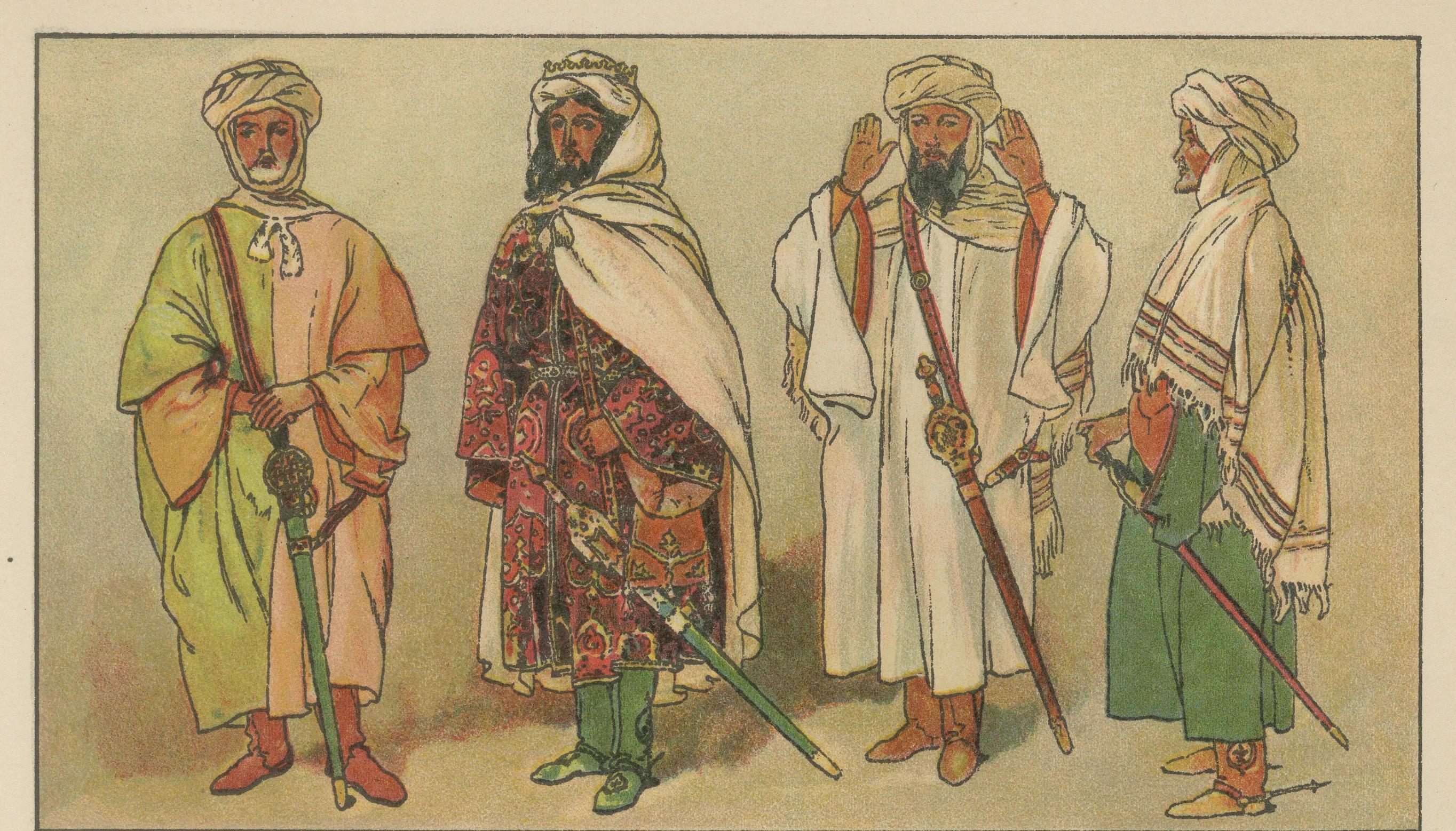 Hand-Colored 1900 Print of Moorish Costumes, 15th Century North Africa, ca.1880