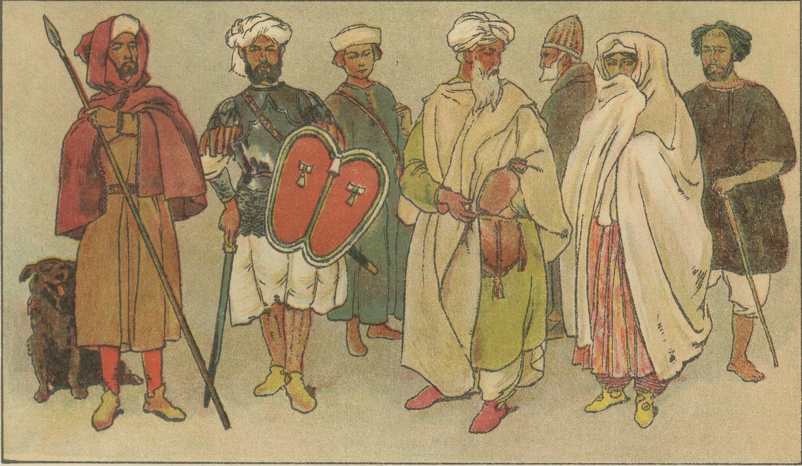 Hand-Colored 1900 Print of Moorish Costumes, 15th Century North Africa, ca.1880