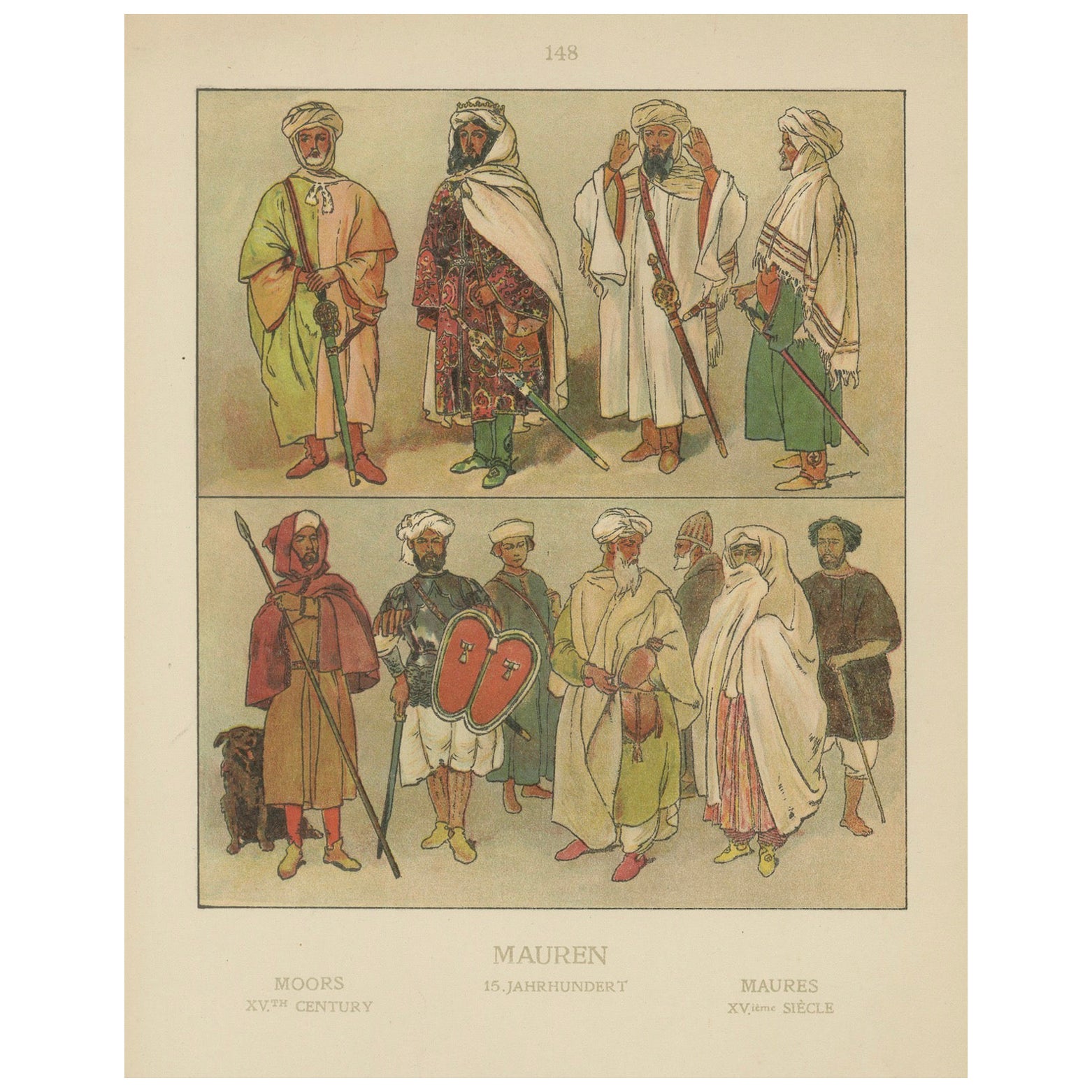 Handkolorierter Druck von 1900 mit maurischen Kostümen, 15. Jahrhundert, Nordafrika, ca.1880 im Angebot