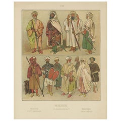 Gravure 1900 colorée à la main de costumes mauresques, Afrique du Nord du XVe siècle, vers 1880