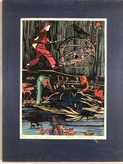 Hand-colored Abstract Block Prints in acrylic Frame by Beato P. Set of 4