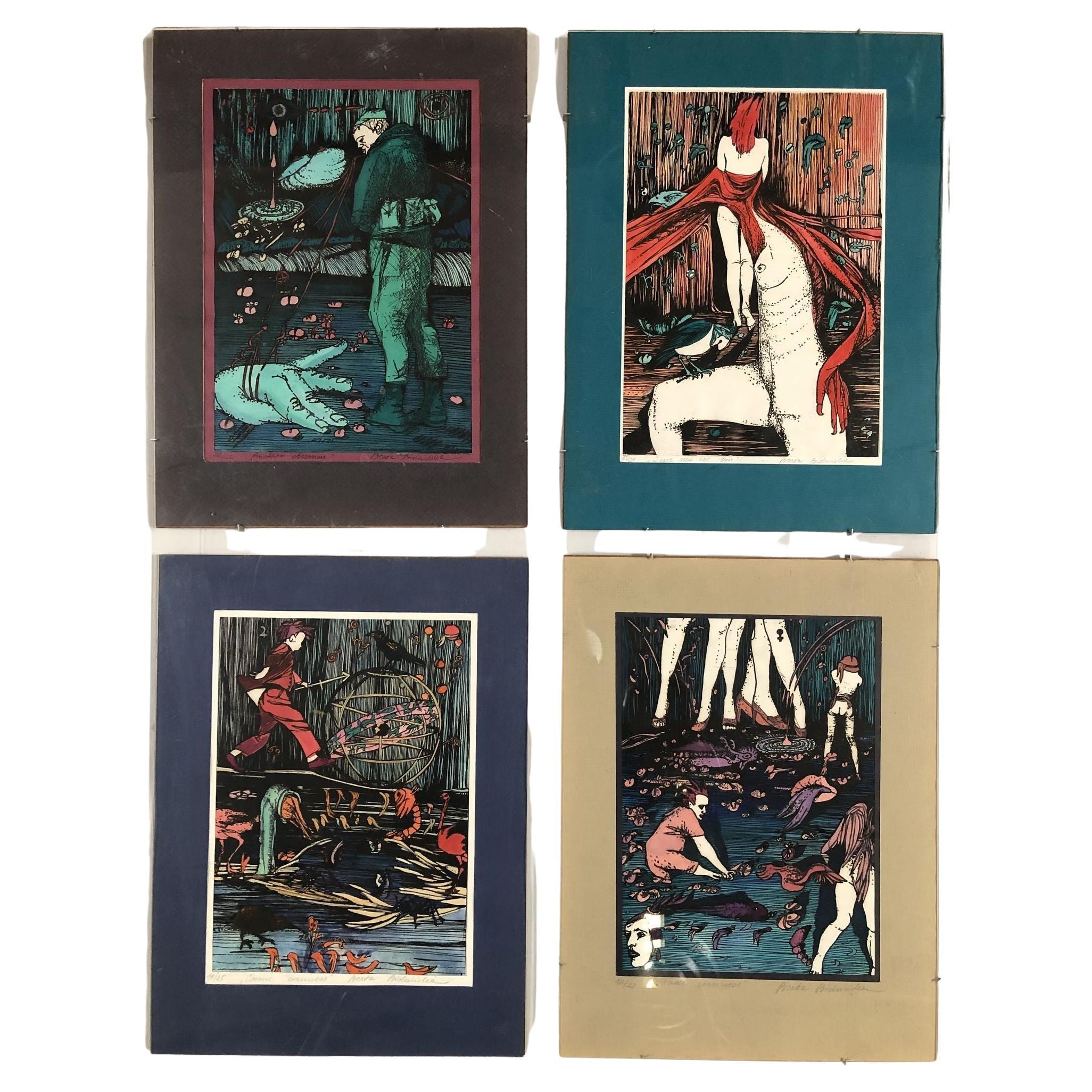 Hand-colored Abstract Block Prints in acrylic Frame by Beato P. Set of 4