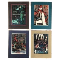 Vintage Hand-colored Abstract Block Prints in acrylic Frame by Beato P. Set of 4