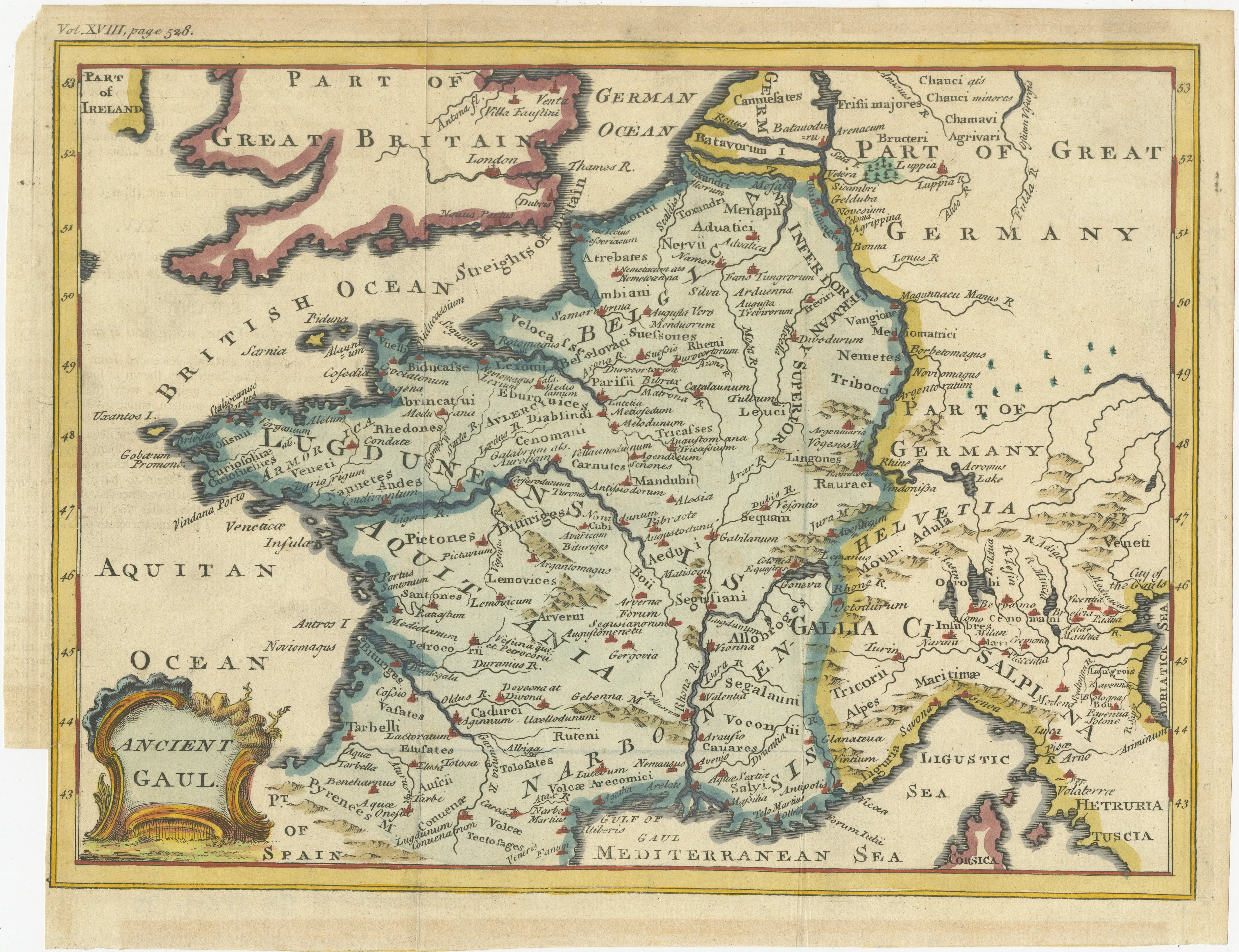 Hand-Colored Antique Map of Ancient Gaul, Roman Provinces, Circa 1748