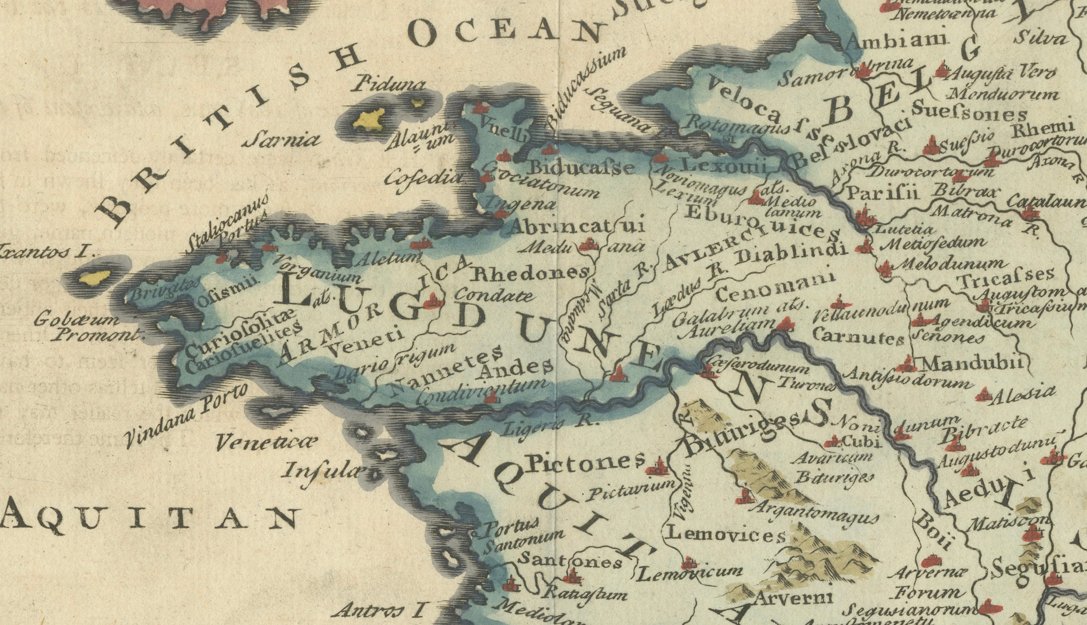 Hand-Colored Antique Map of Ancient Gaul, Roman Provinces, Circa 1748