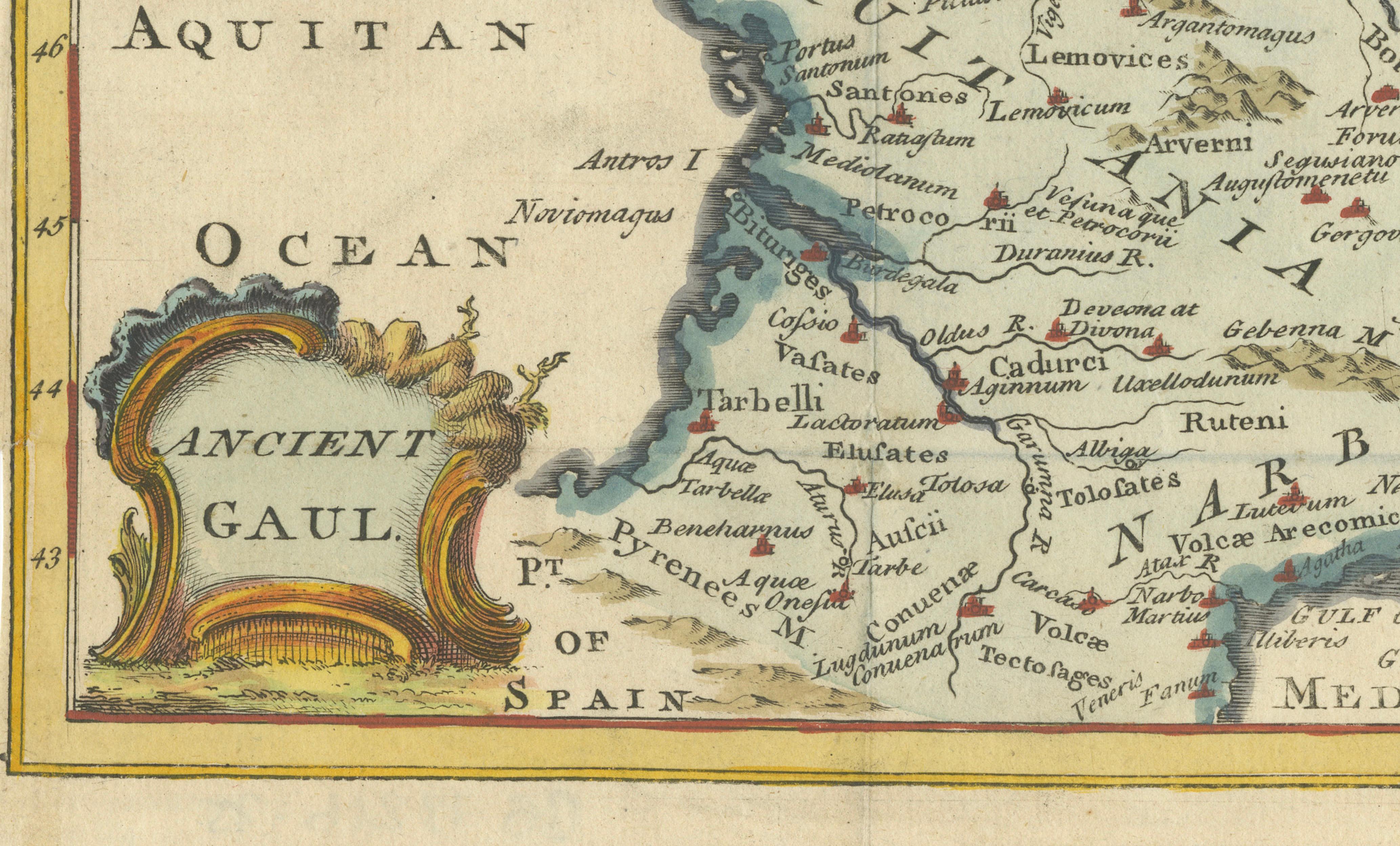 Hand-Colored Antique Map of Ancient Gaul, Roman Provinces, Circa 1748
