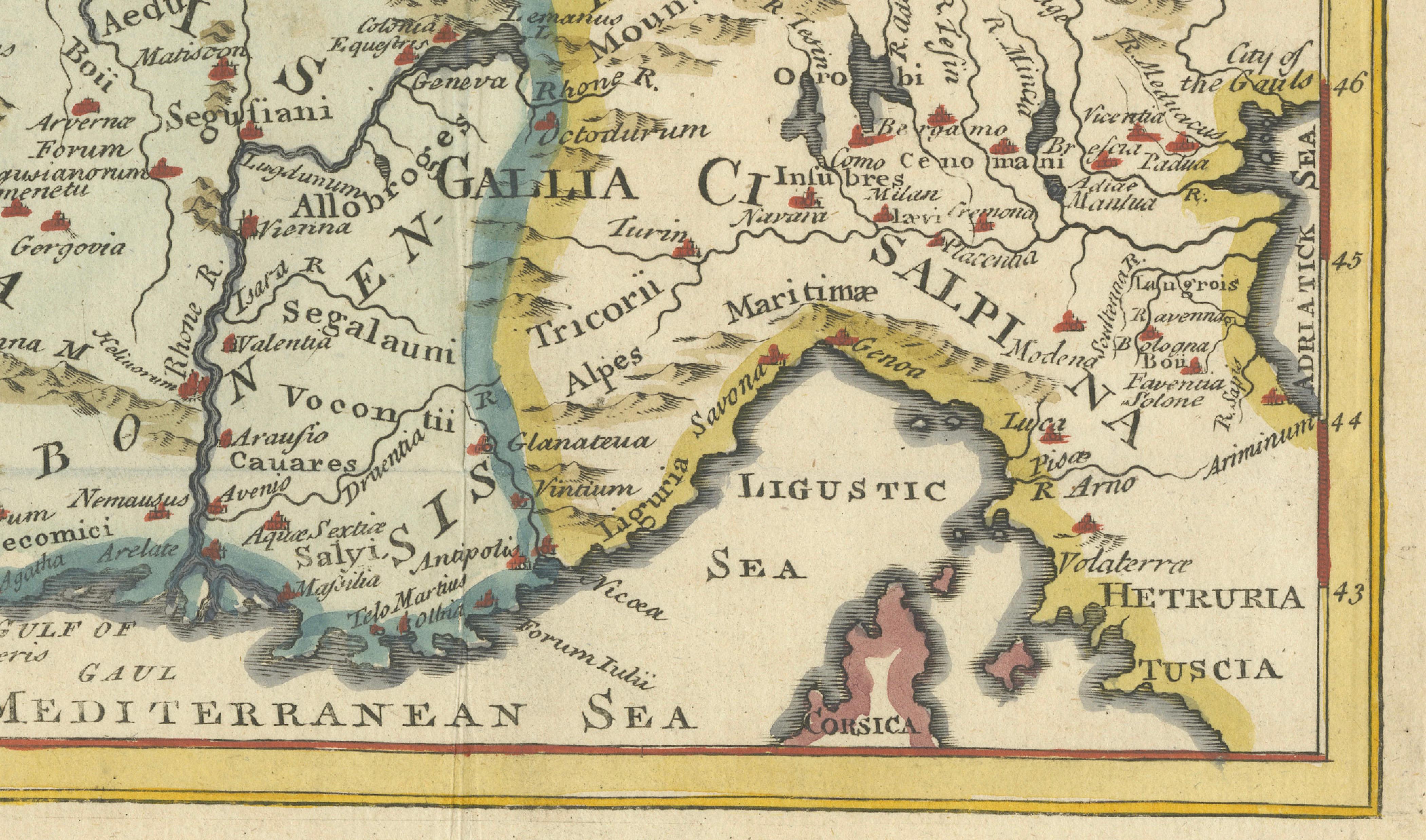 Hand-Colored Antique Map of Ancient Gaul, Roman Provinces, Circa 1748
