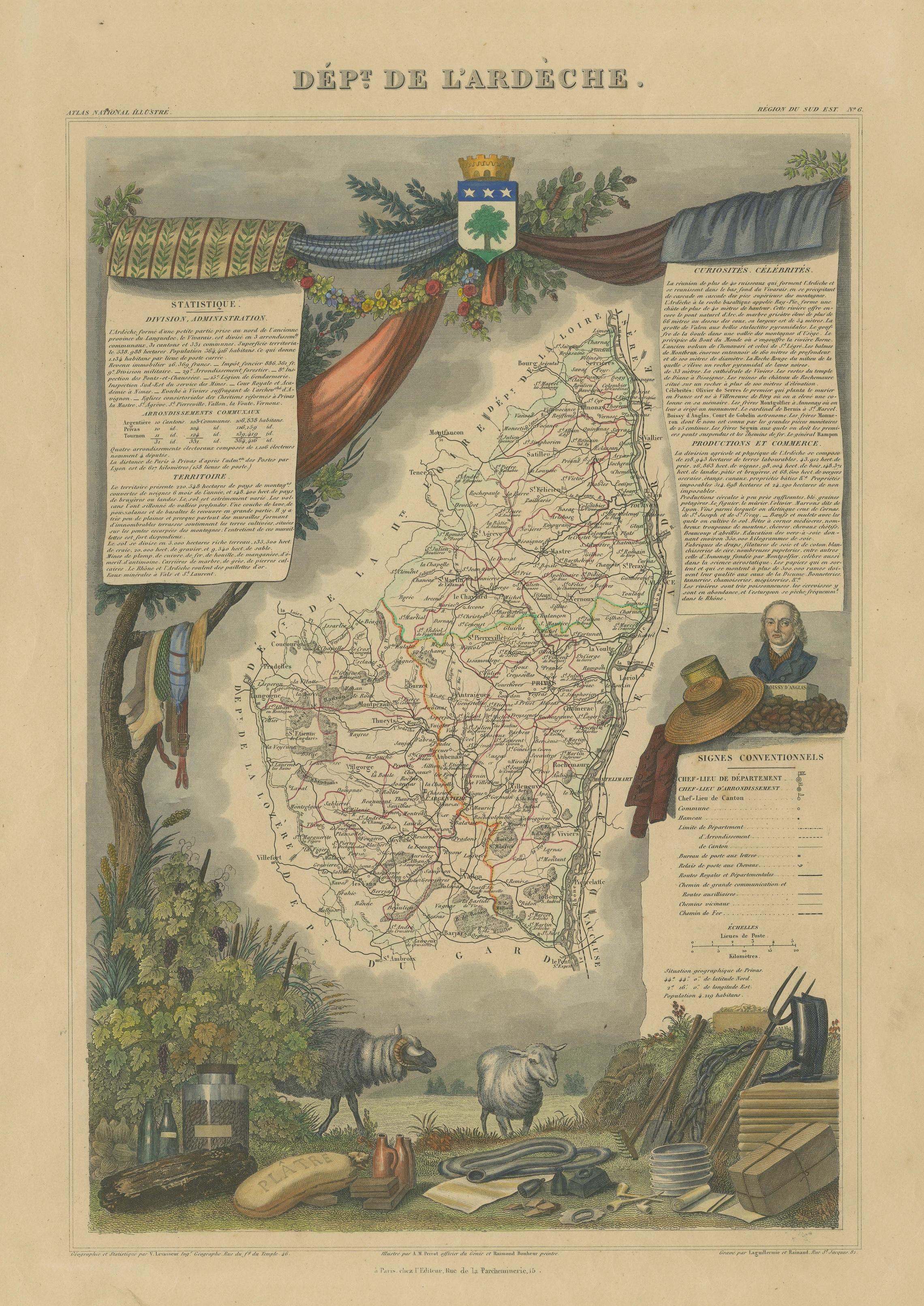Handkolorierte antike Karte des Departements Ardèche, Frankreich im Zustand „Gut“ im Angebot in Langweer, NL