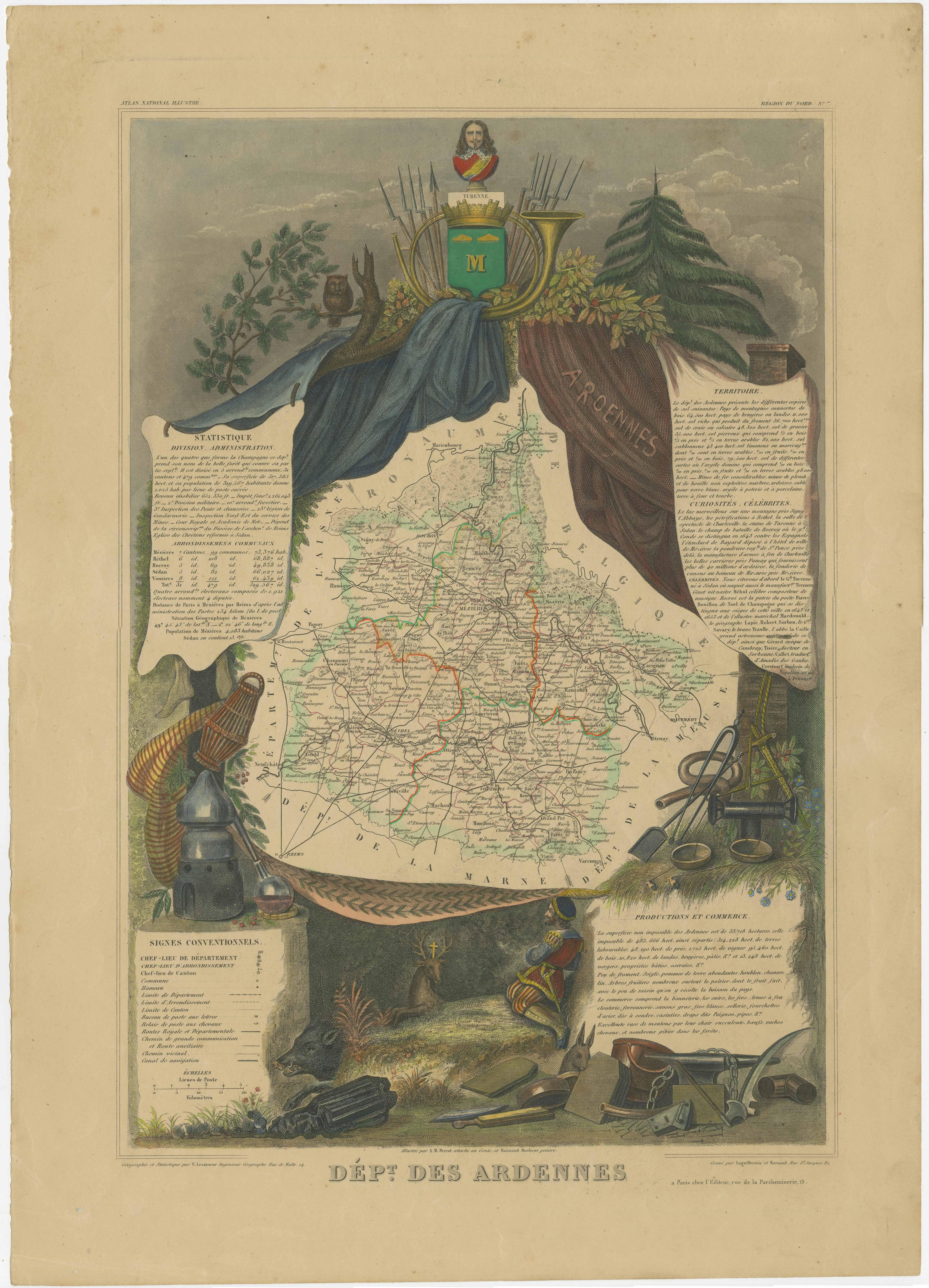 Antique map titled 'Dépt. des Ardennes'. Map of the French department of Ardennes, France. Part of France's important Champagne producing region. The whole is surrounded by elaborate decorative engravings designed to illustrate both the natural